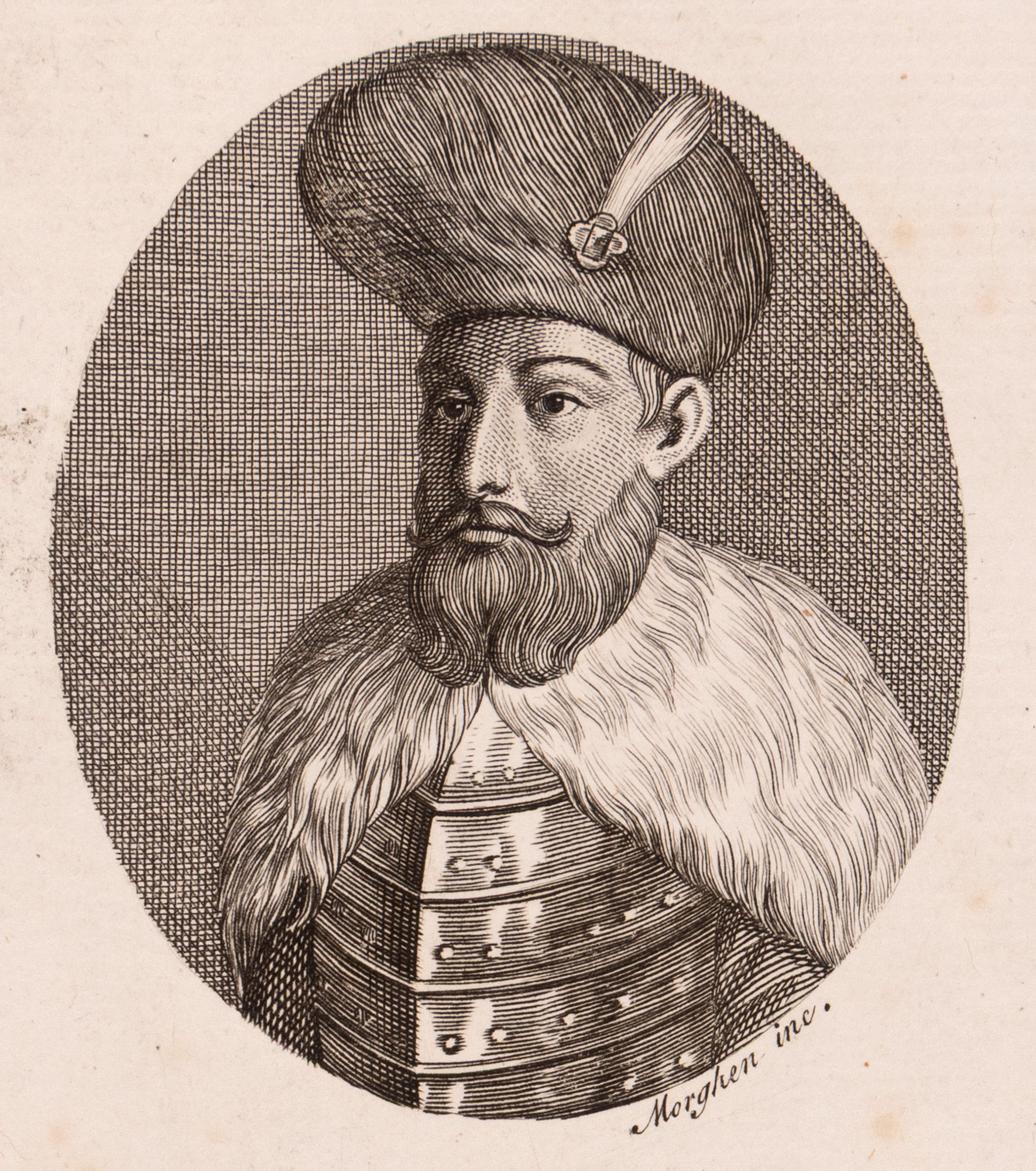 Gravură ilustrându-l pe generalul Gheorghe Basta înfățișat sub portretul lui Mihai Viteazul, de Niccola Gervasi, Napoli, începutul sec. XIX