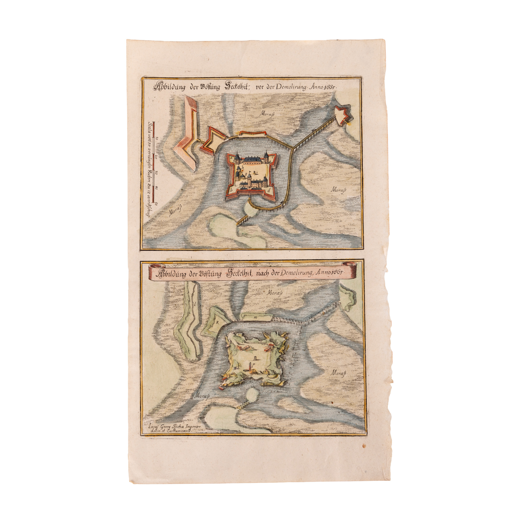 Vedută ”Cetatea Săcuieni înainte și după demolare, 1665”, după Lucas Georg Slicha, sfârșitul sec. XVIII