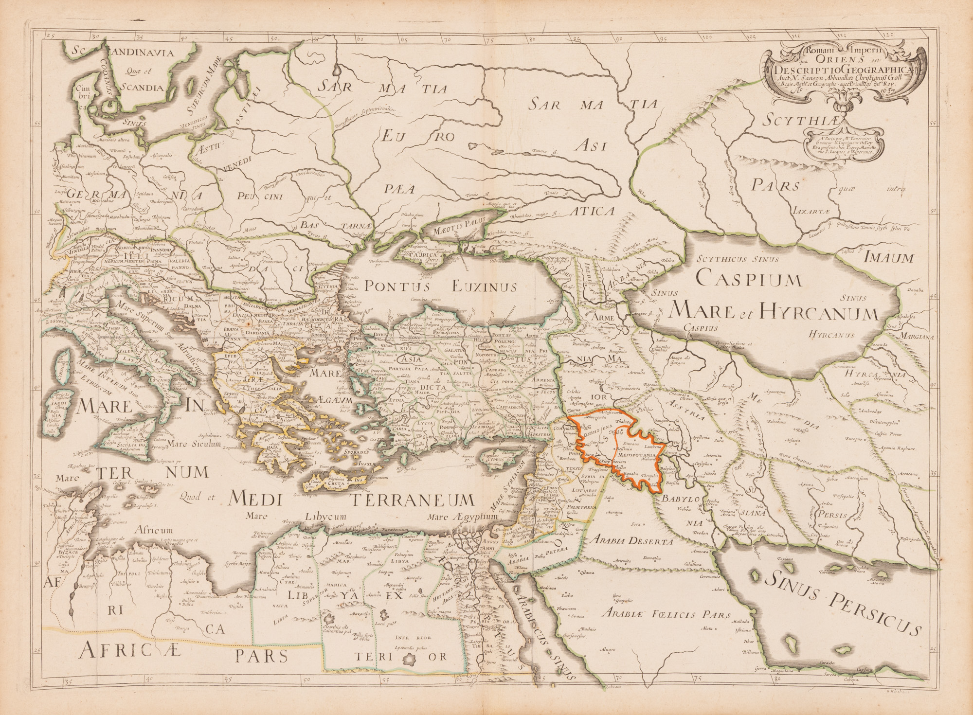 Hartă ”Imperiul Roman, Orientul (include bazinul Mării Negre)”, de Nicolas Sanson (considerat a fi părintele cartografiei franceze), Paris, 1637, piesă rară, de colecție