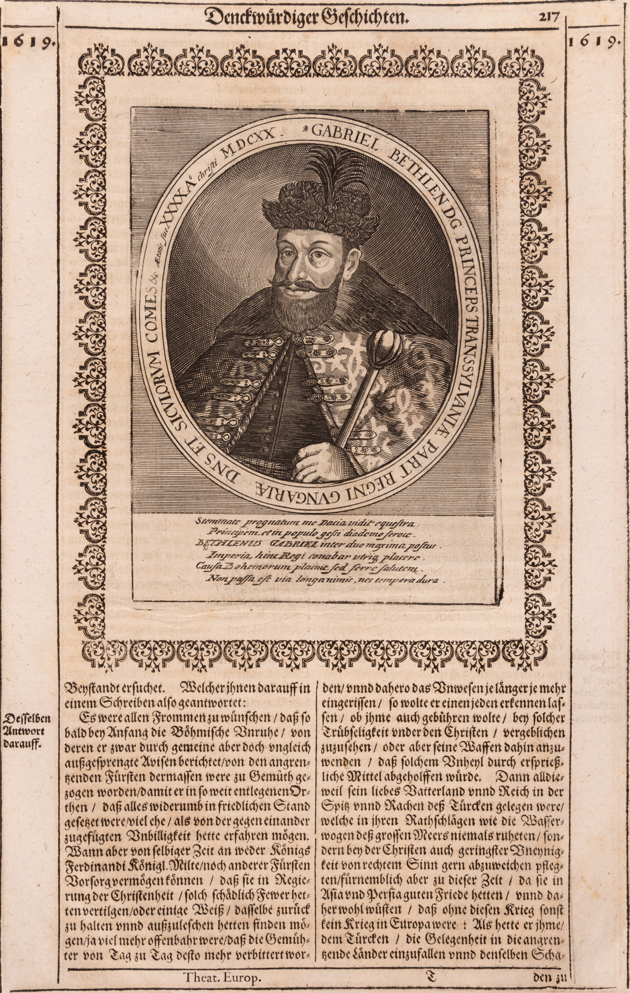 Gravură reprezentându-l pe Gabriel Bethlen, principe al Transilvaniei, 1619