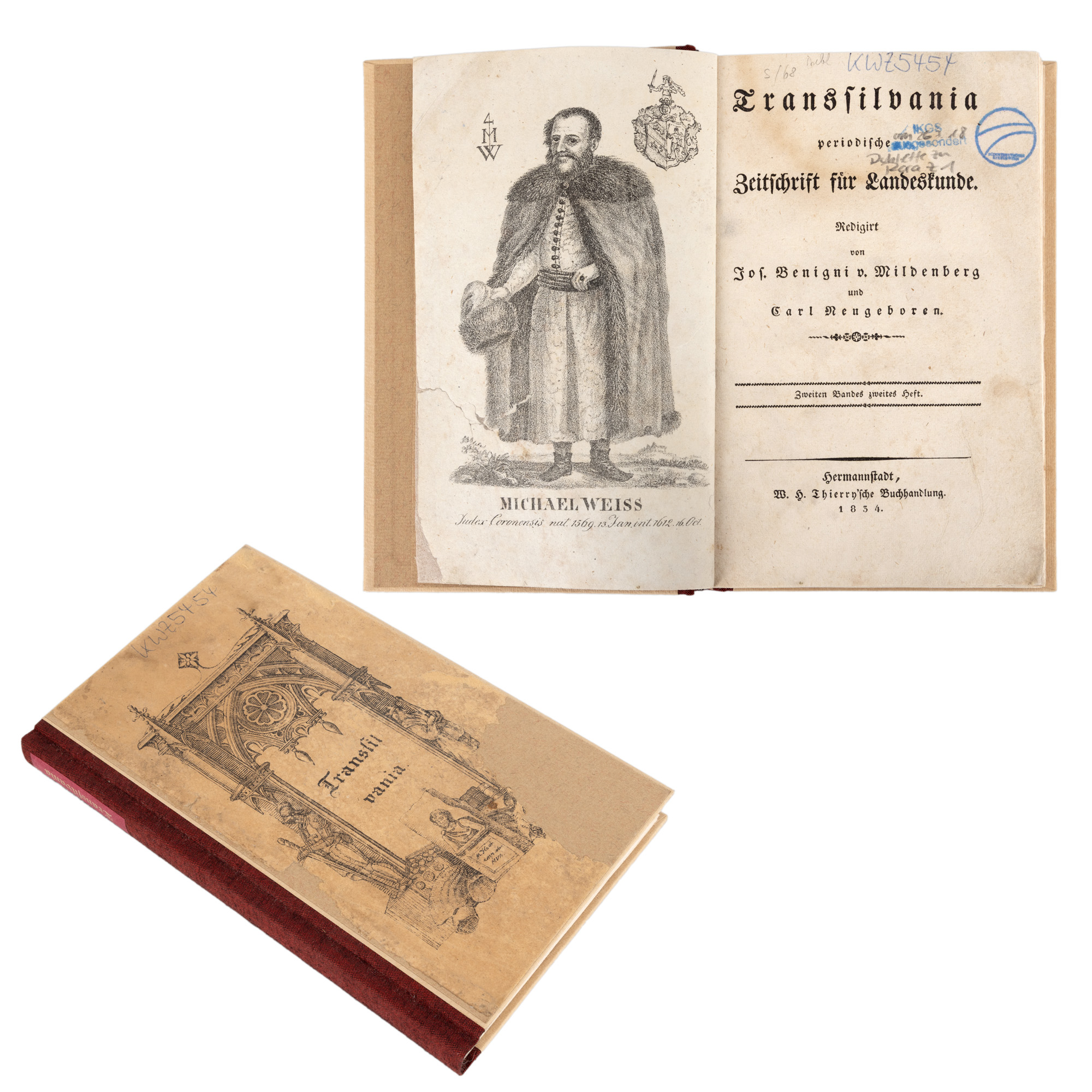 ”Transilvania-Publicație periodică pentru cunoașterea țării”, editată de Joseph Benigni von Mildenberg și Carl Neugeboren, volumul al doilea, germană, Sibiu, 1834, cu ex-libris și 11 gravuri
