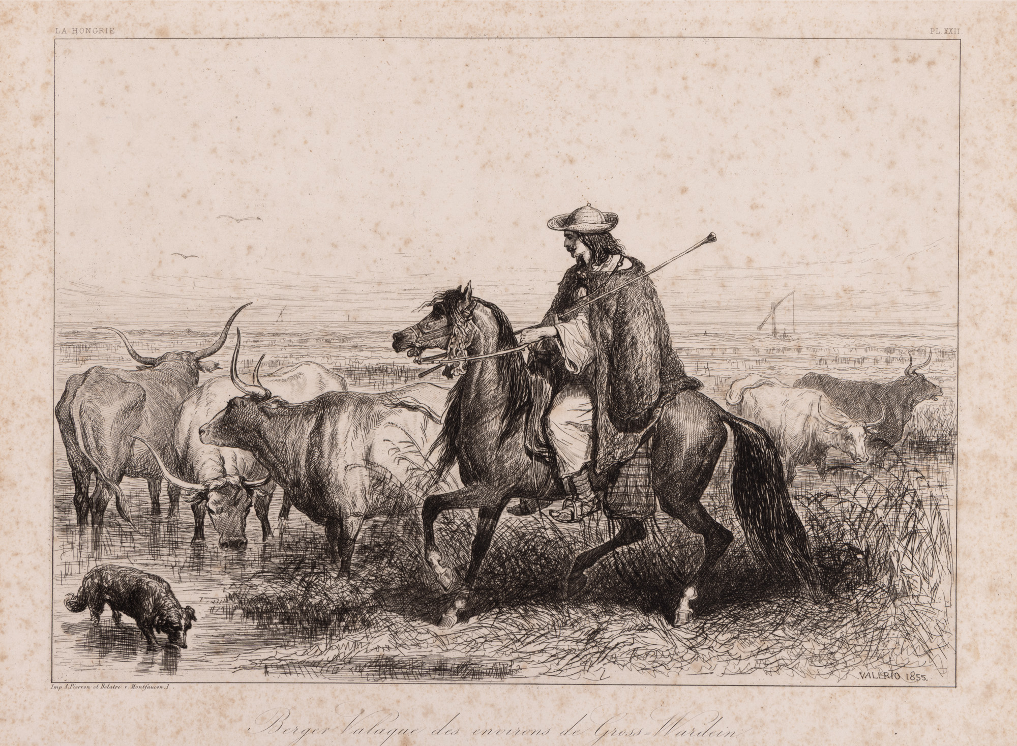 Litografie ilustrând un țăran valah din împrejurimea Oradei, de Theodore Valerio, 1855