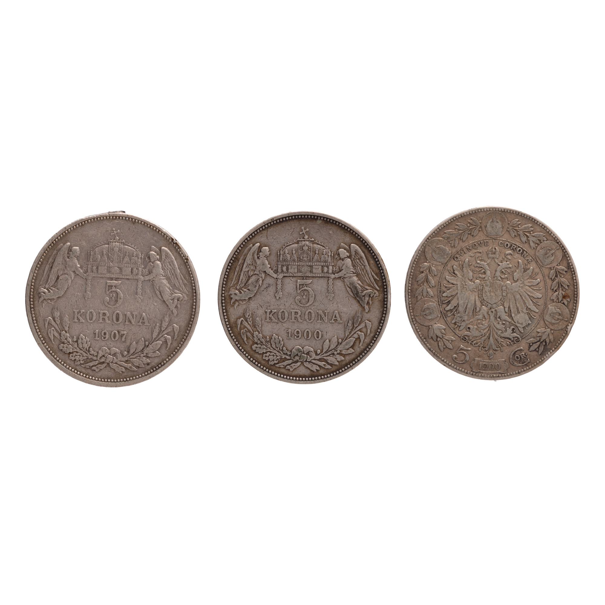 Lot format din trei monede, 5 Coroane, Franz Joseph, 1900/1907, argint