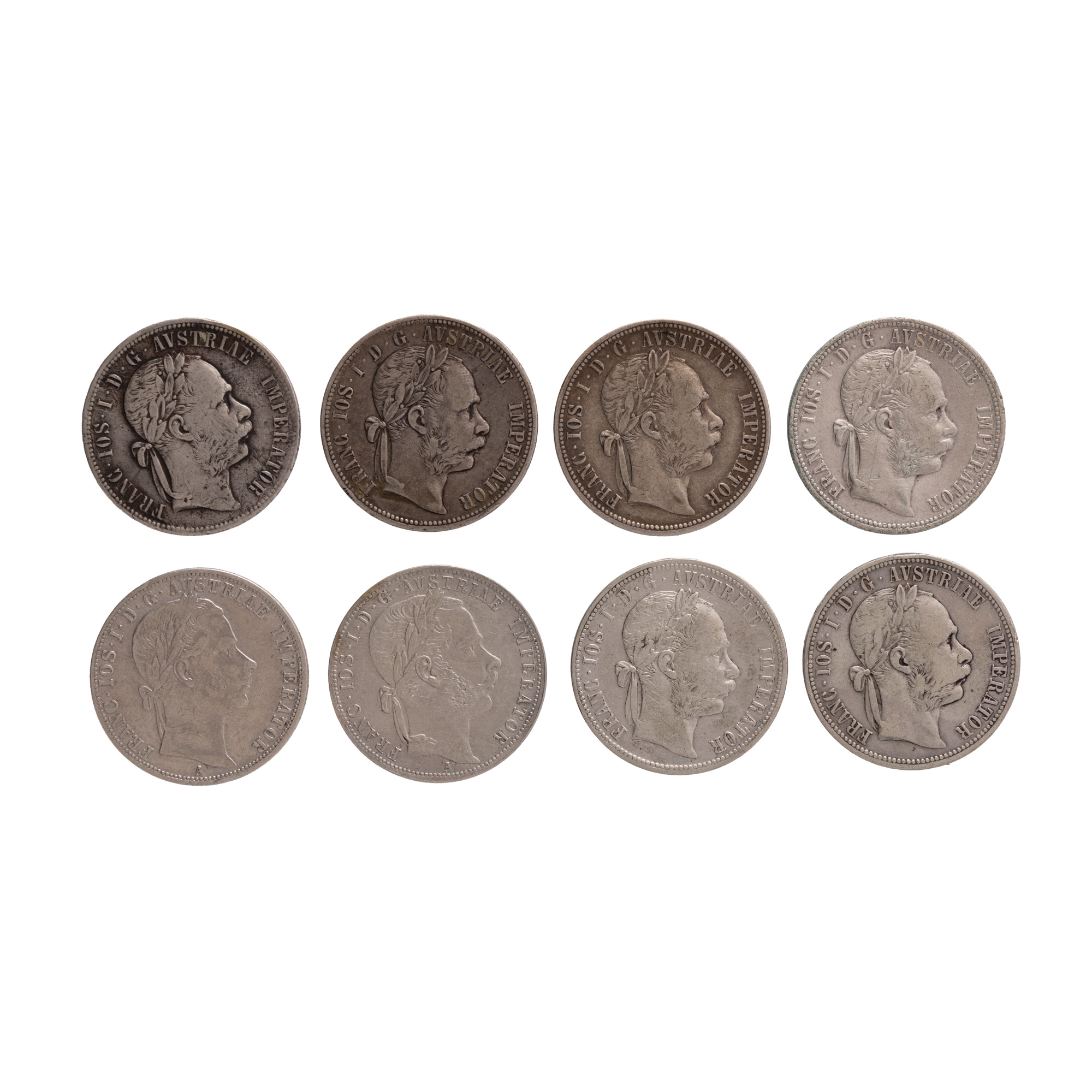 Lot format din opt monede, 1 Florin, Franz Joseph, 1860-1892, argint
