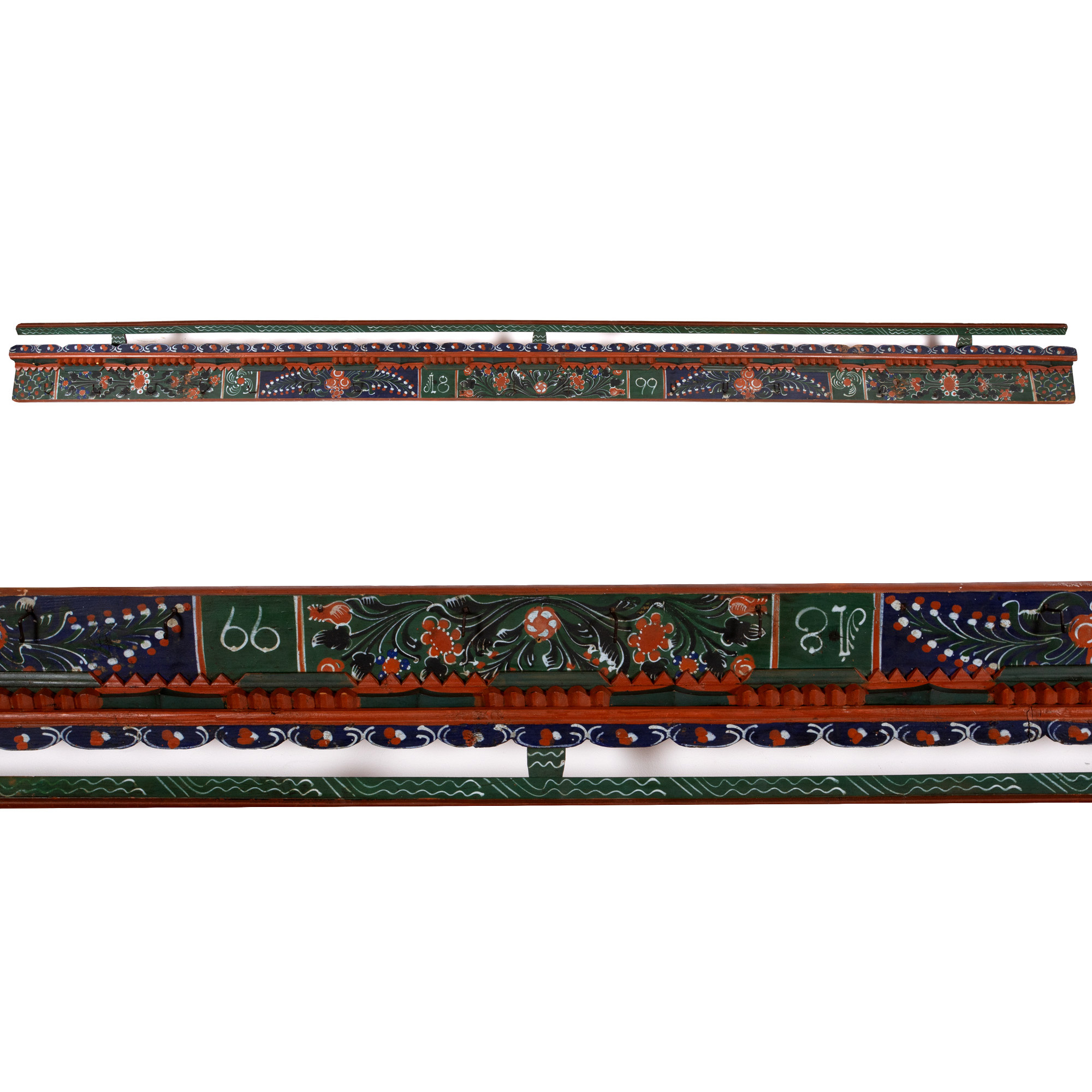 Saxon painted wooden coat rack, dated 1899