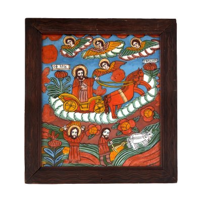 Icon on glass, "Ascension to Heaven of the Holy Prophet Elijah and scenes from his life", workshop in Scheii Brasovului, second half of the 19th century