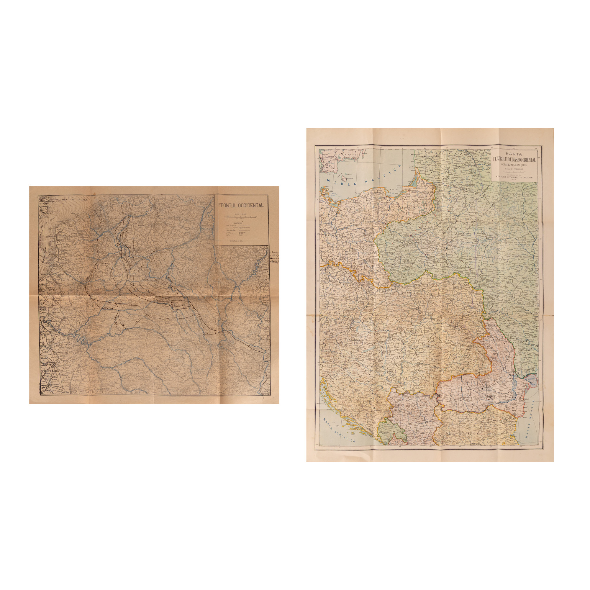 Lot format din hartă ”Frontul Occidental”, Primul Război Mondial și hartă ”Teatrul de război oriental, germano-austriac și rus”, 1915, provin din arhiva Remus Caracaș