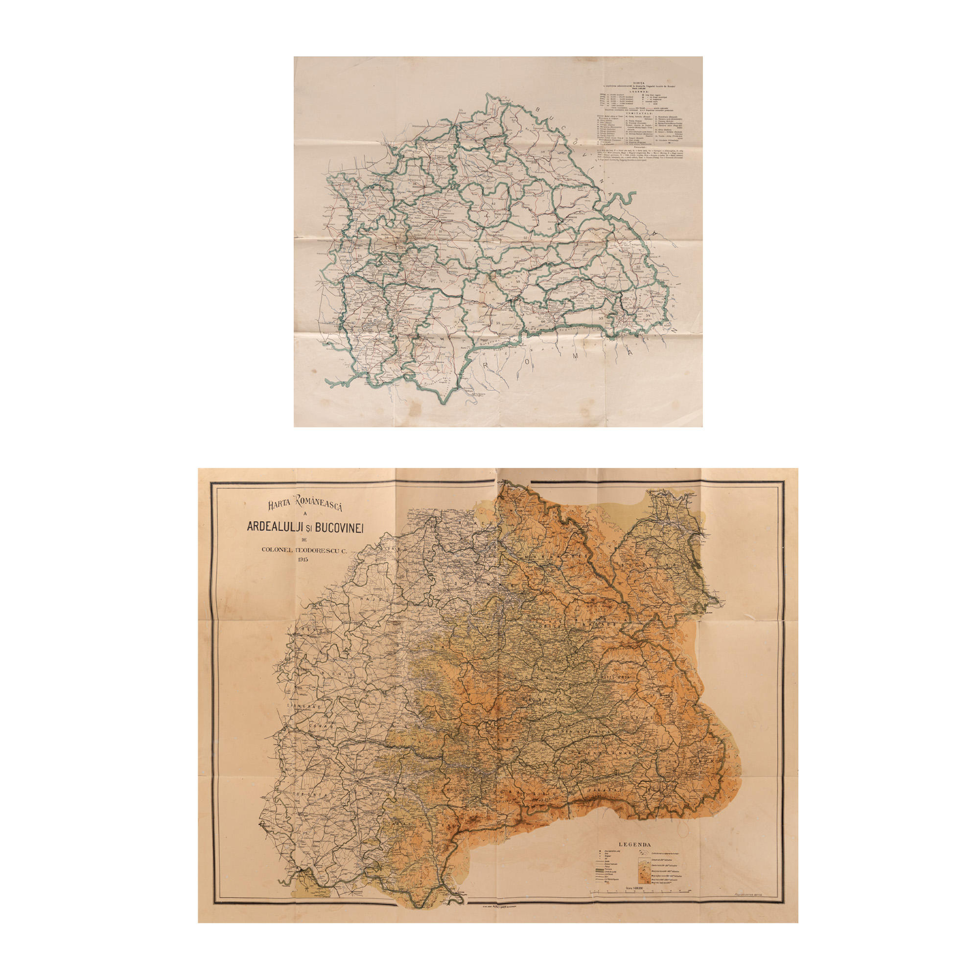 Lot format din harta românească a Ardealului și Bucovinei, de colonel Constantin Theodorescu, 1915, și hartă ”Schița cu împărțirea administrativă în ținuturile Ungariei locuite de români”, perioada antebelică, provin din arhiva Remus Caracaș