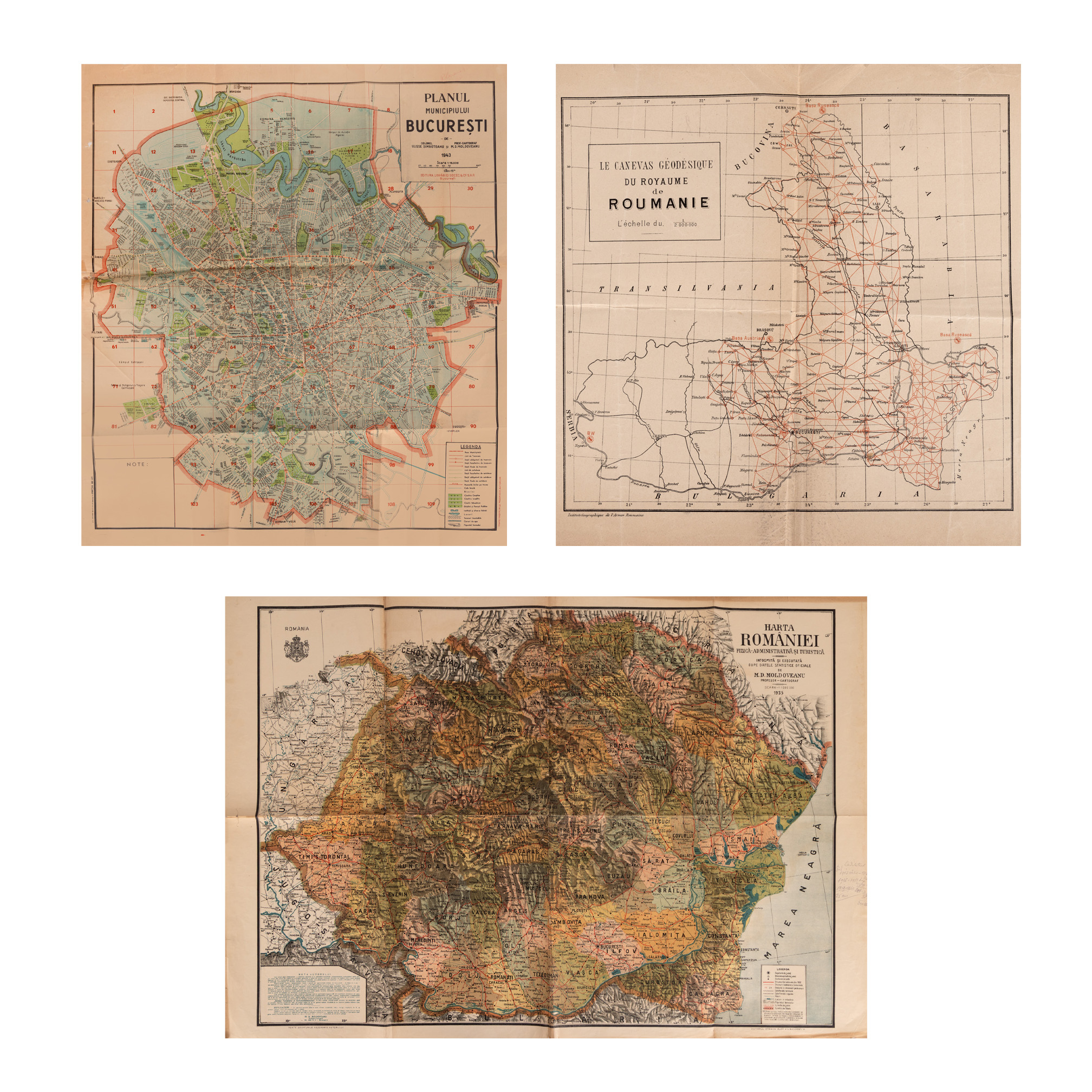 Lot format din harta României, de M.D. Moldoveanu, 1935, hartă geodezică a Regatului României, perioada antebelică, și hartă ”Planul municipiului București”, de M.D. Moldoveanu și colonel Ulisse Simboteanu, 1943, provin din arhiva Remus Caracaș