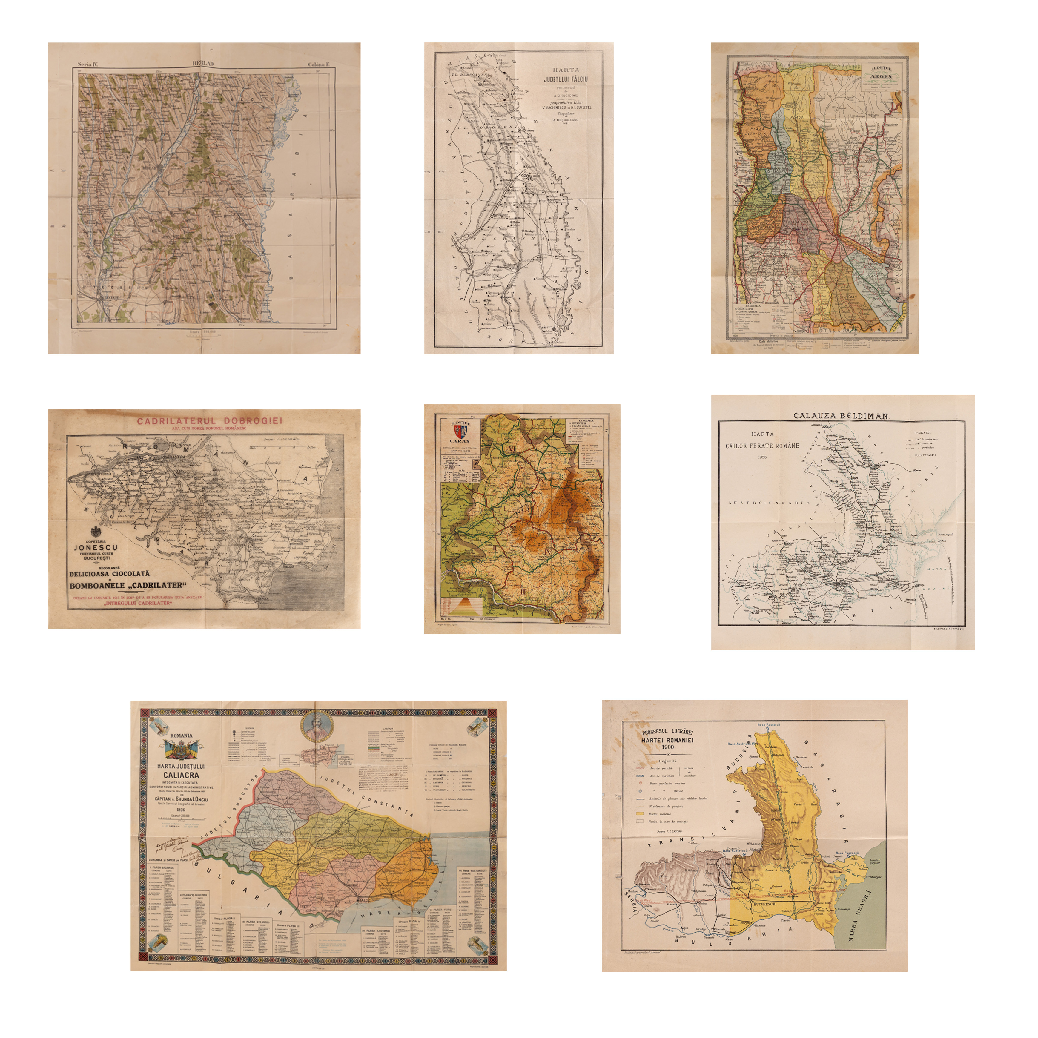 Lot format din hartă ”Căile ferate române”, 1906, harta geodezică a României, 1900, hartă ”Bârlad”, hartă ”Județul Fălciu”, de A.C. Hagiopol, hartă ”Caliacra”, de căpitan R. Shunda I. Onciu, 1926, hartă ”Județul Argeș”, 1925, reclamă publicitară la bomboanele Cadrilater, 1913 și hartă ”Județul Caraș”, 1939, provin din arhiva Remus Caracaș