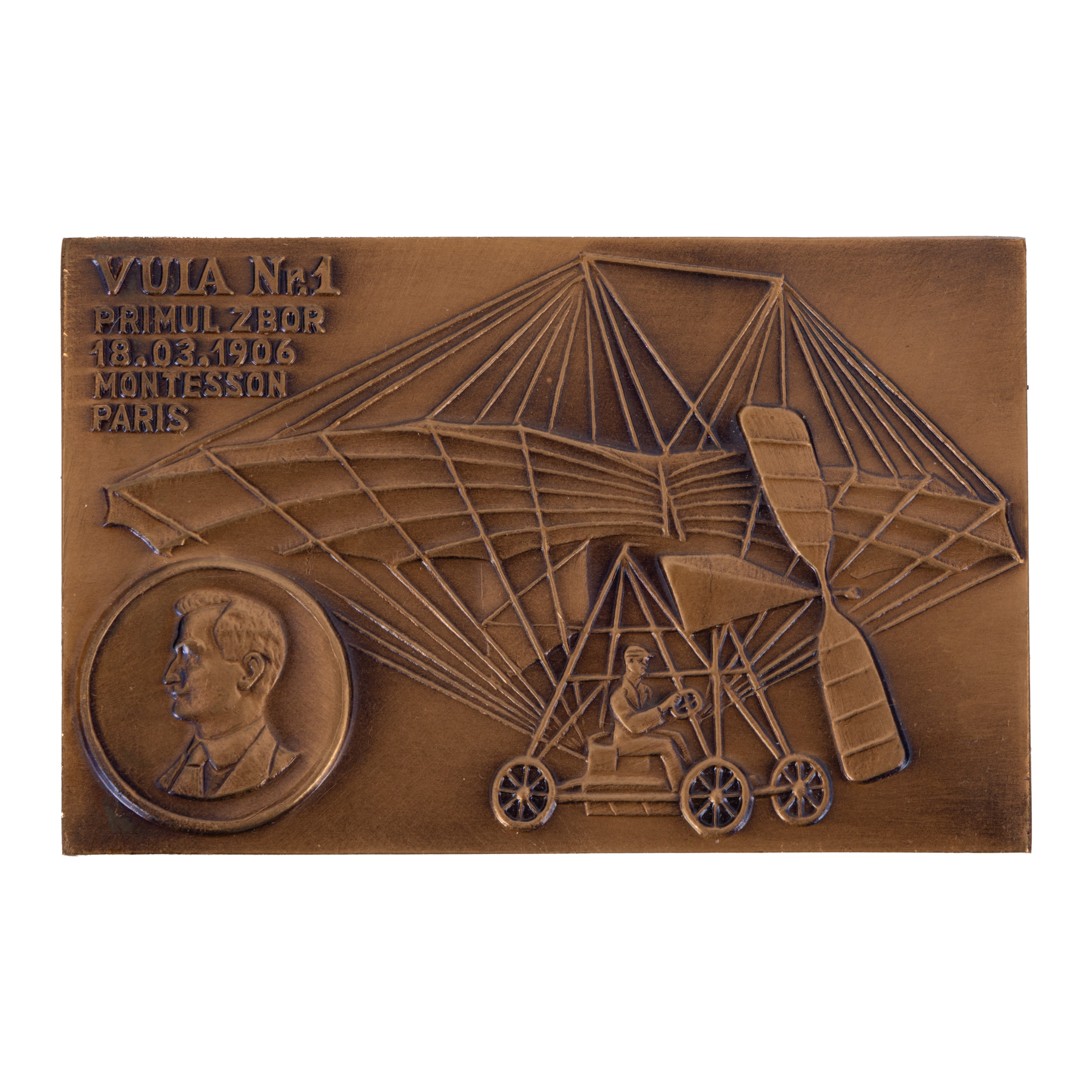 Plachetă ”Traian Vuia, primul zbor 18.03.1906”, gravor M.F., cca. 1950