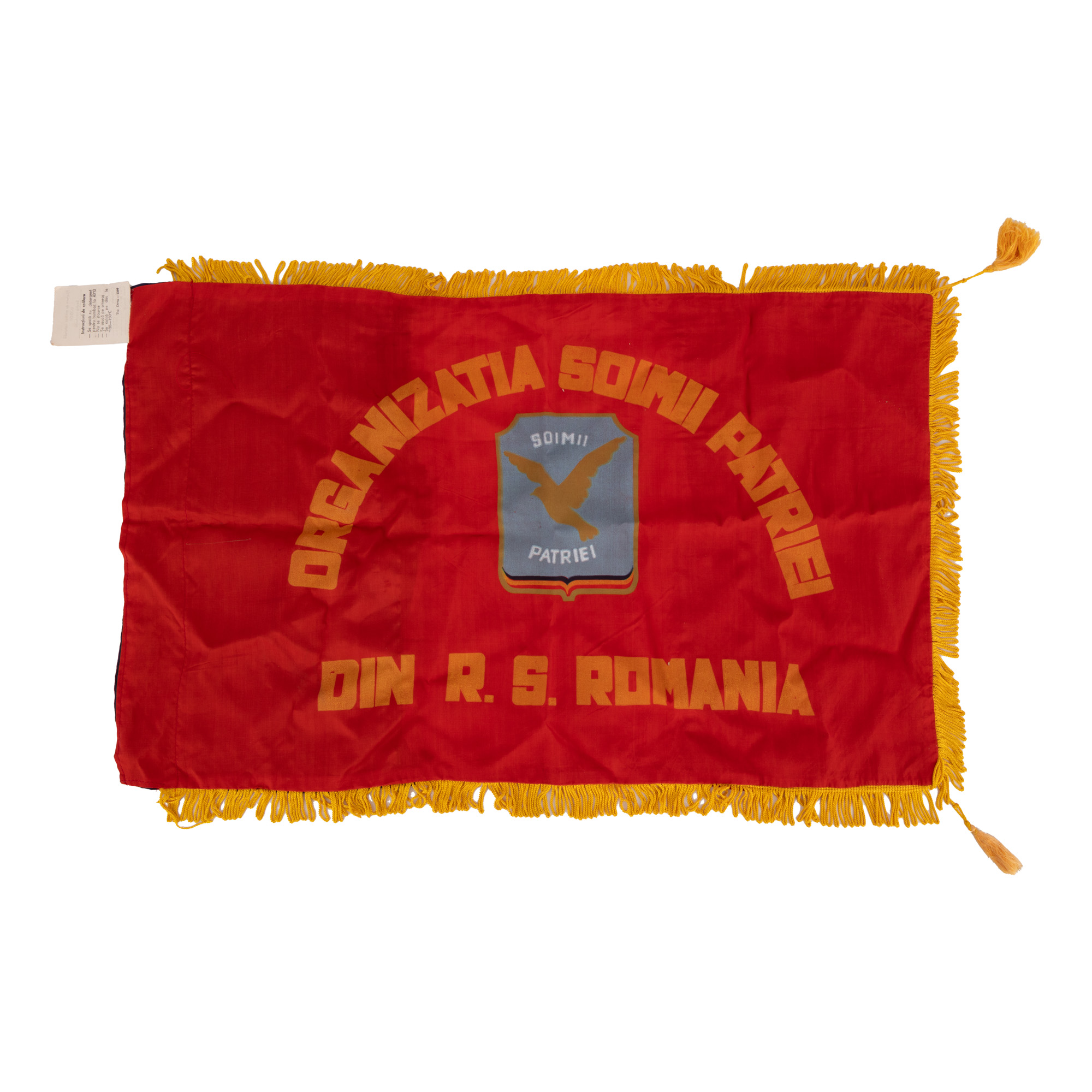 Steag ”Șoimii Patriei”, cu drapelul Republicii Socialiste România pe una din fețe, cu eticheta originală a producătorului, cca. 1978