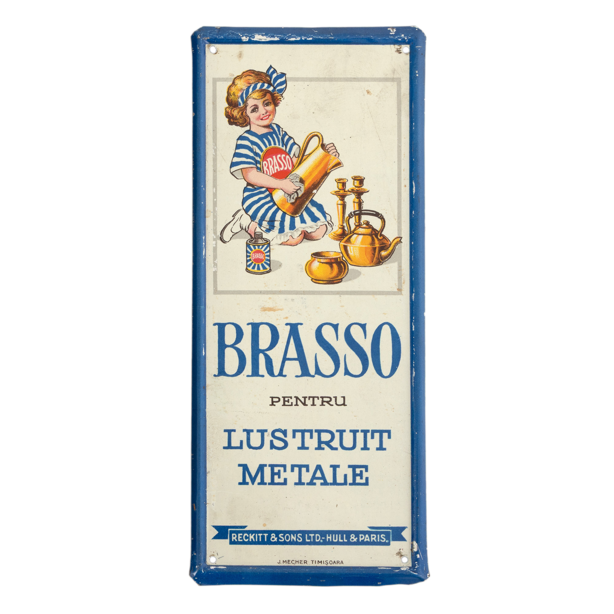 Advertising plaque dedicated to promoting the English solution for polishing metals "Brasso", J. Mecher workshop, Timisoara, interwar period