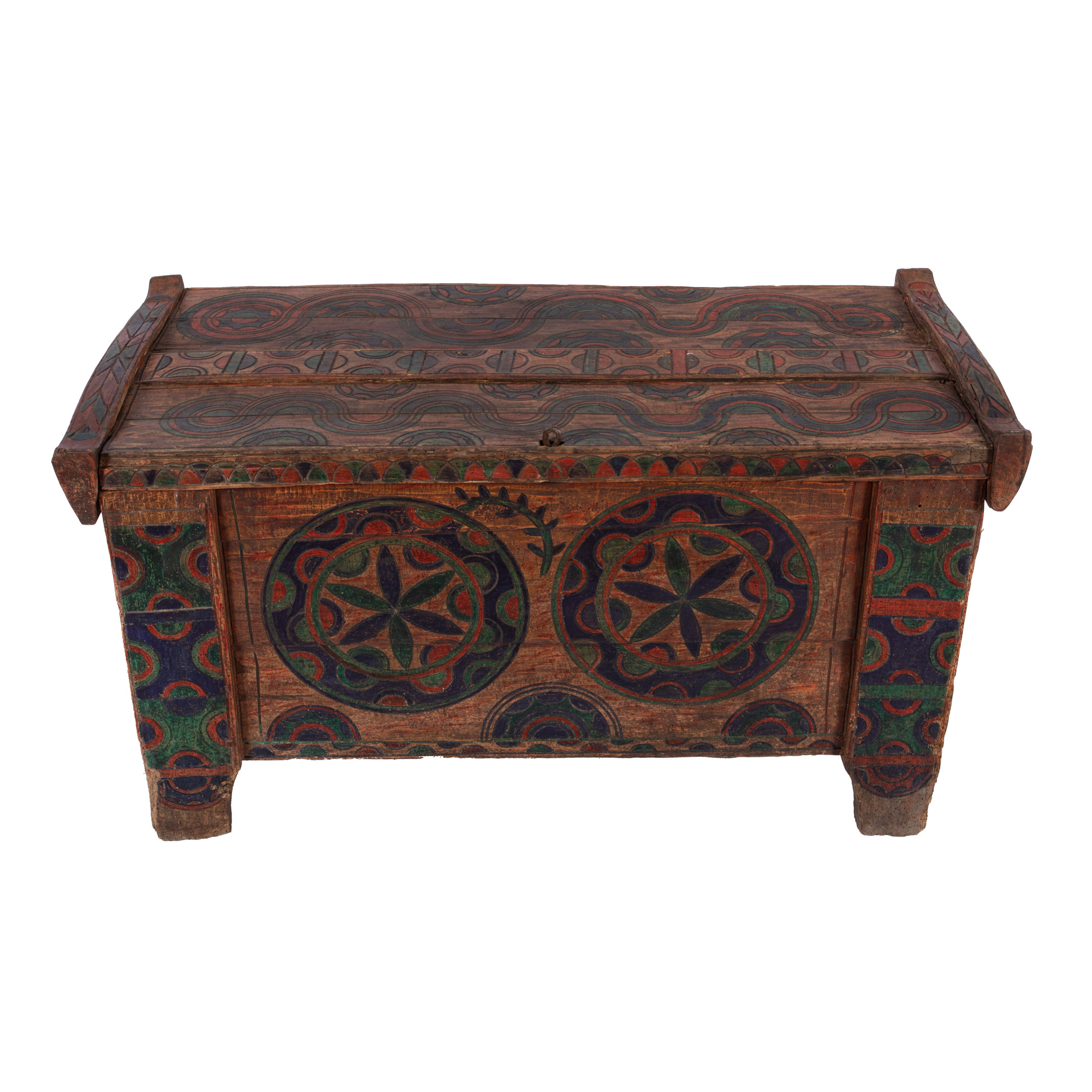 Ladă de zestre transilvăneană, pictată cu motive solare, atelier din Sălaj, primul sfert al sec. XX, piesă rară