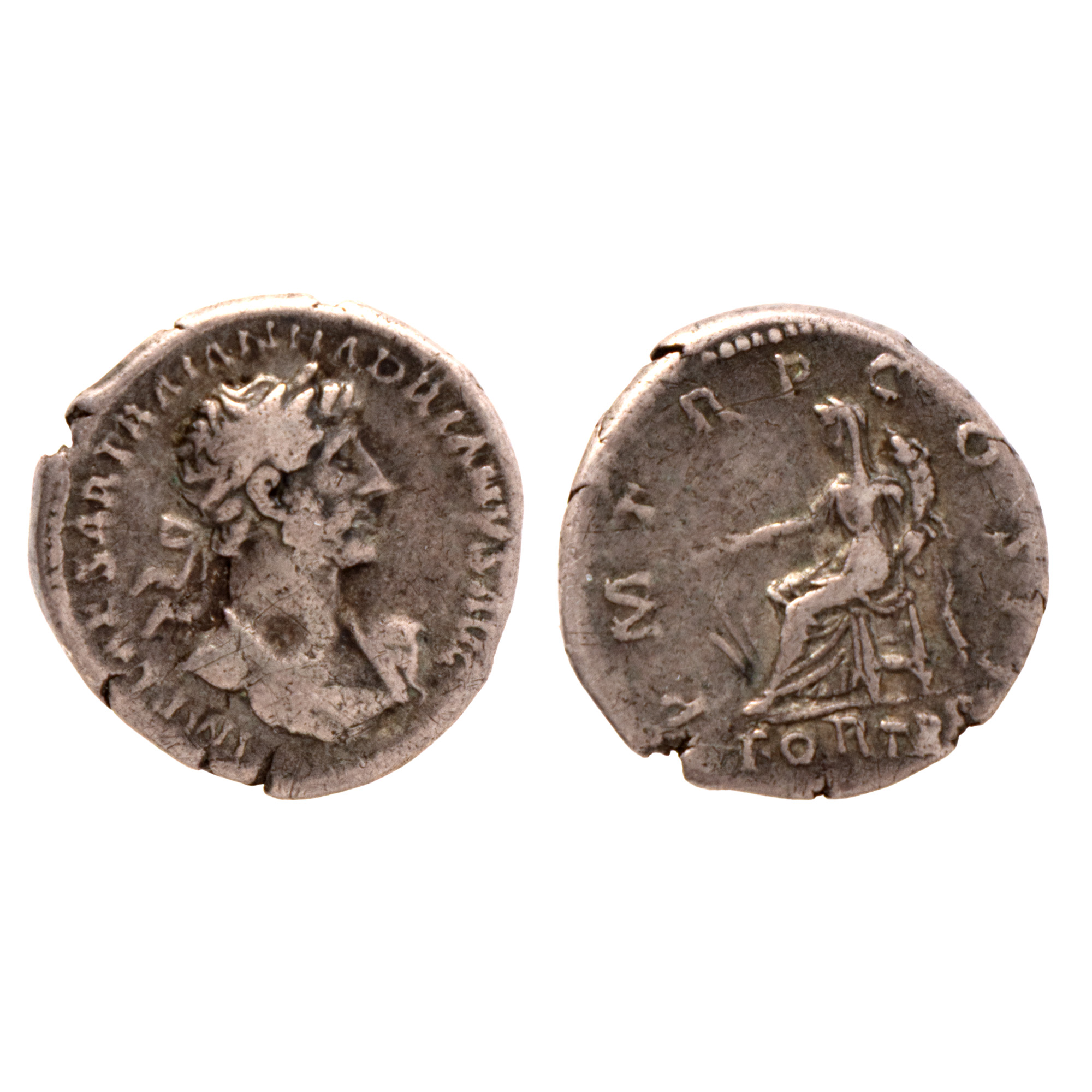 Monedă Denarius, Hadrian, Imperiul Roman, 118 e.n., tip Fortuna șezând, argint