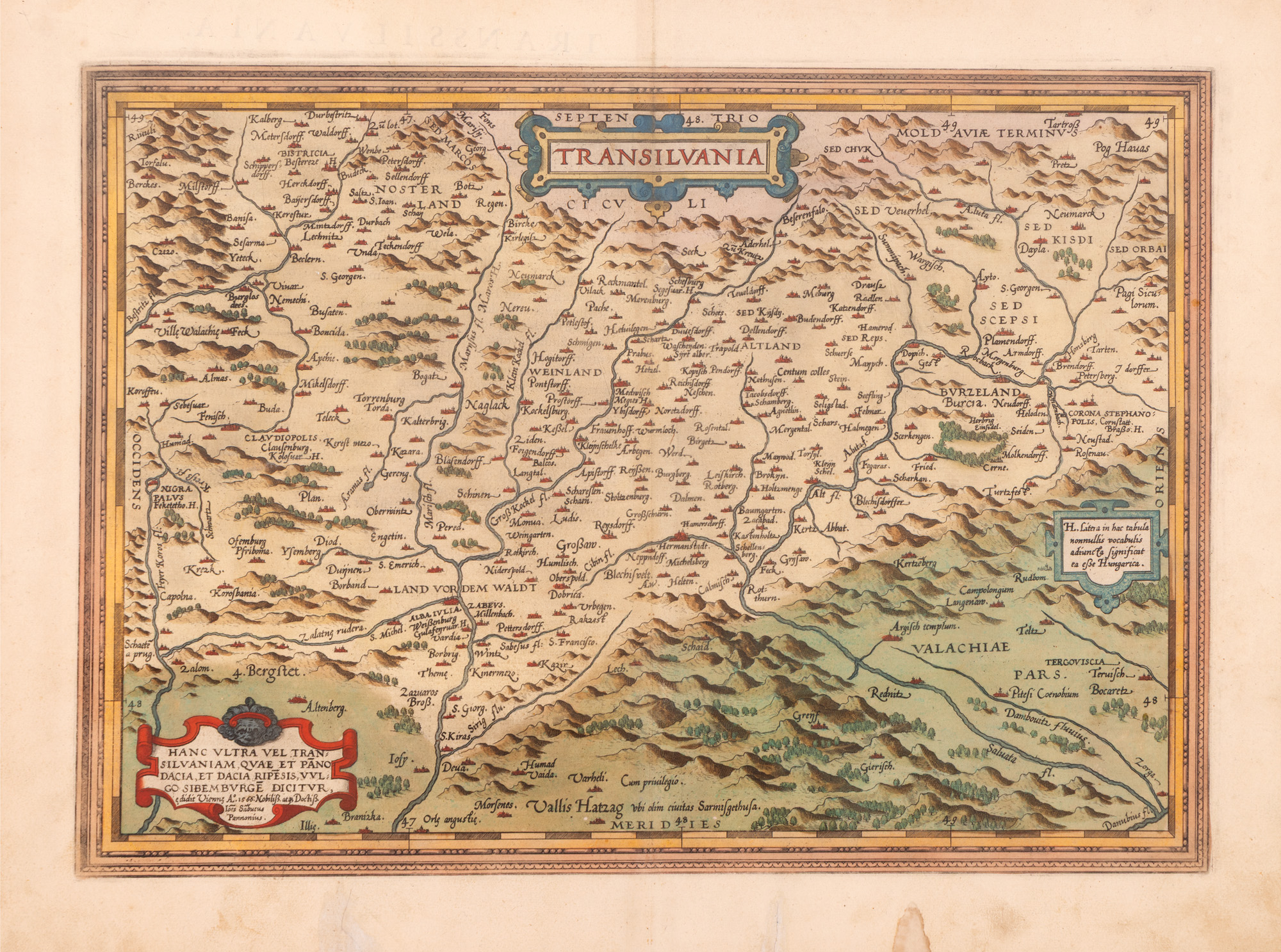 Hartă ”Transilvania”, de Johannes Sambucus (Janos Zsamboky), tipărită de Abraham Ortelius, ediţia Orbis Terrarum, Antwerp, prima ediție în 1566