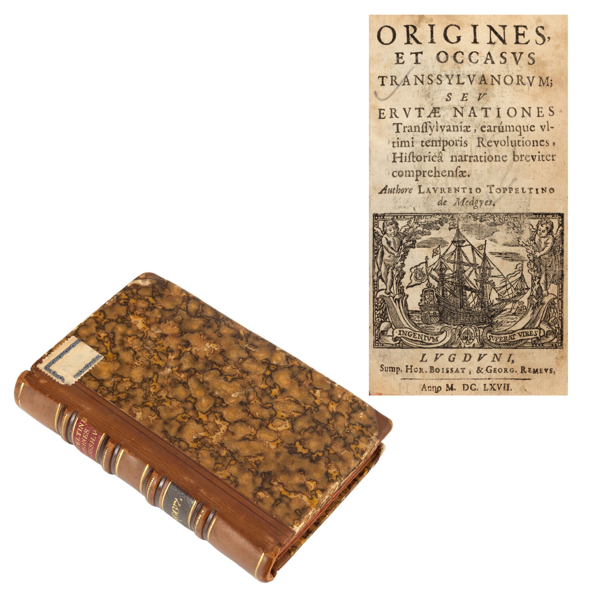 ”Formarea și decăderea Transilvaniei (Origines et occasus Transsylvanorum)”, de Laurentius Toppeltinus, ediție princeps, latină, Lyon, 1667, cu 10 gravuri inserate în text, piesă foarte rară, de colecție