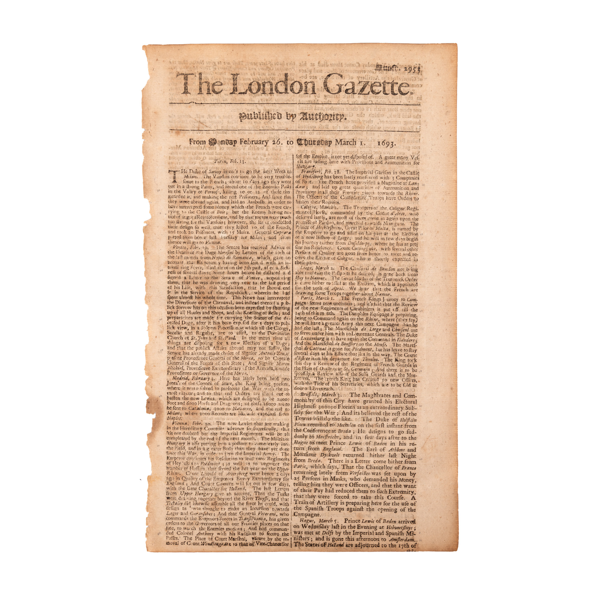”The London Gazette”, engleză, nr. 2953, 26 februarie-1 martie 1693, cu informații despre intenția principelui transilvănean Imre Tekely de a ataca Lugojul și Caransebeșul alături de otomani