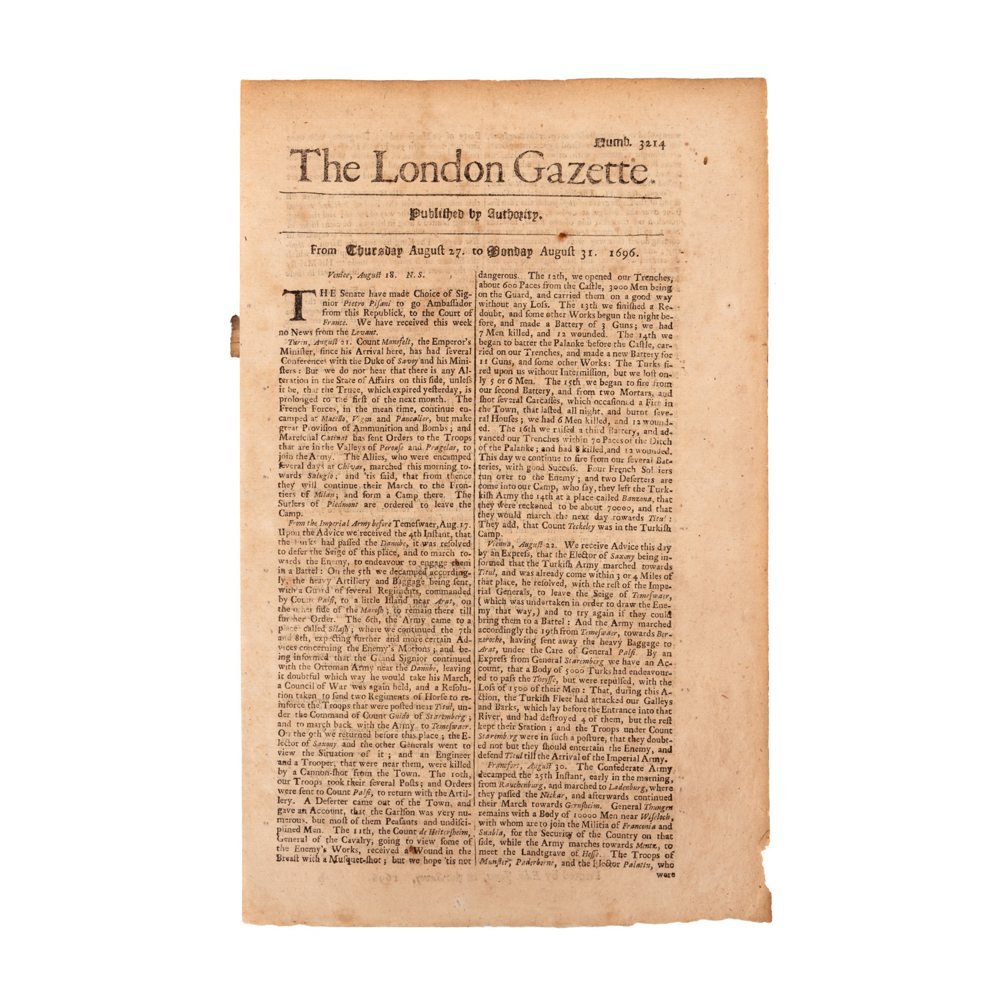 ”The London Gazette”, engleză, nr. 3214, 27-31 august 1696, cu informații despre asediul de către otomani a Timișoarei și bătălia de pe Bega, de la Cenei, din timpul războiului dintre Imperiul Habsburgic și Imperiul Otoman