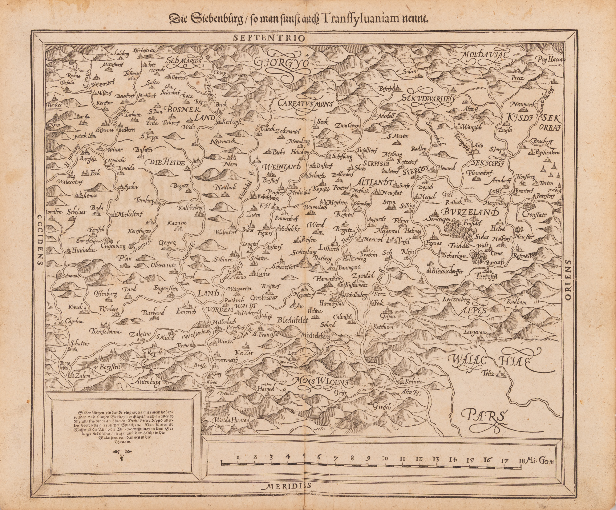 Hartă ”Transilvania”, de Sebastian Münster, Basel, începutul sec. XVIII