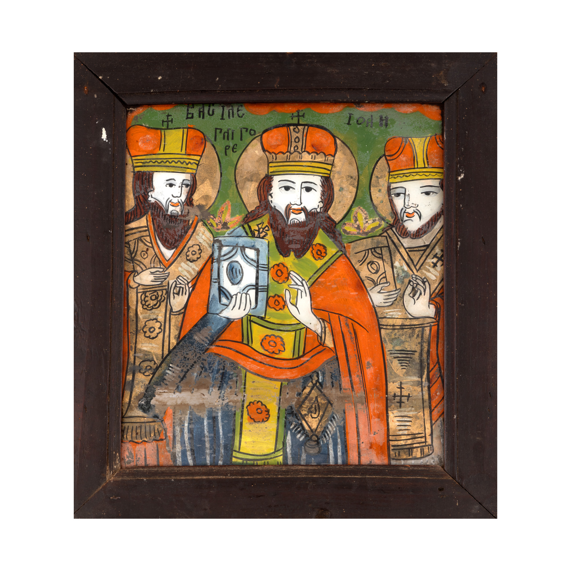 Icon on glass, "The Three Holy Hierarchs", workshop from Șcheii Brașovului, second half of the 19th century