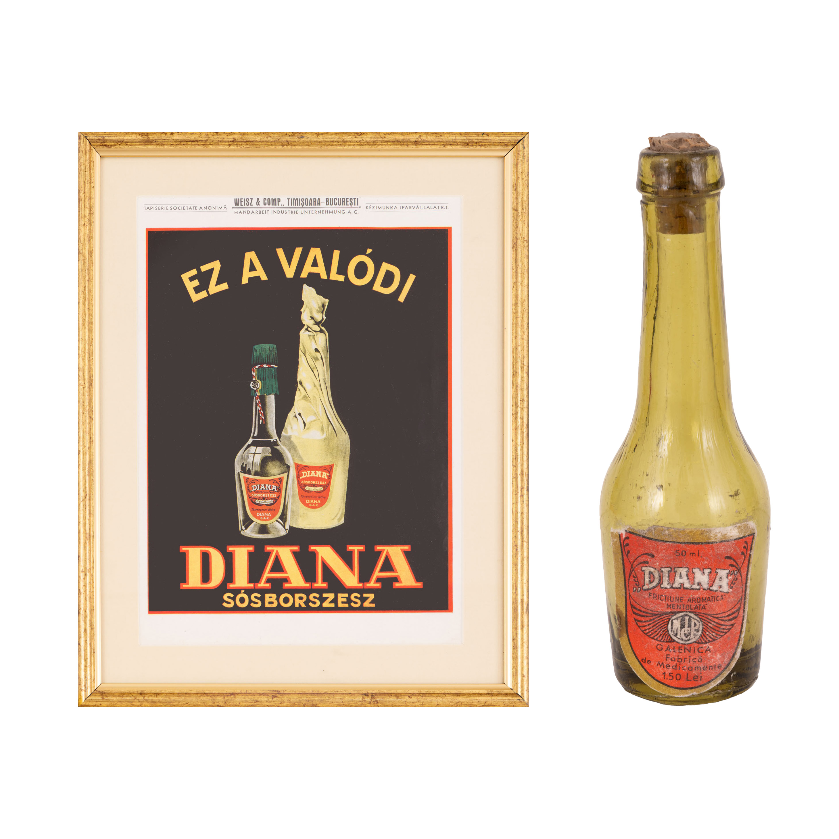 Lot format din reclamă de epocă ”Diana Sósborszesz (Spirt de sare Diana)” și sticlă de spirt Diana, începutul sec. XX