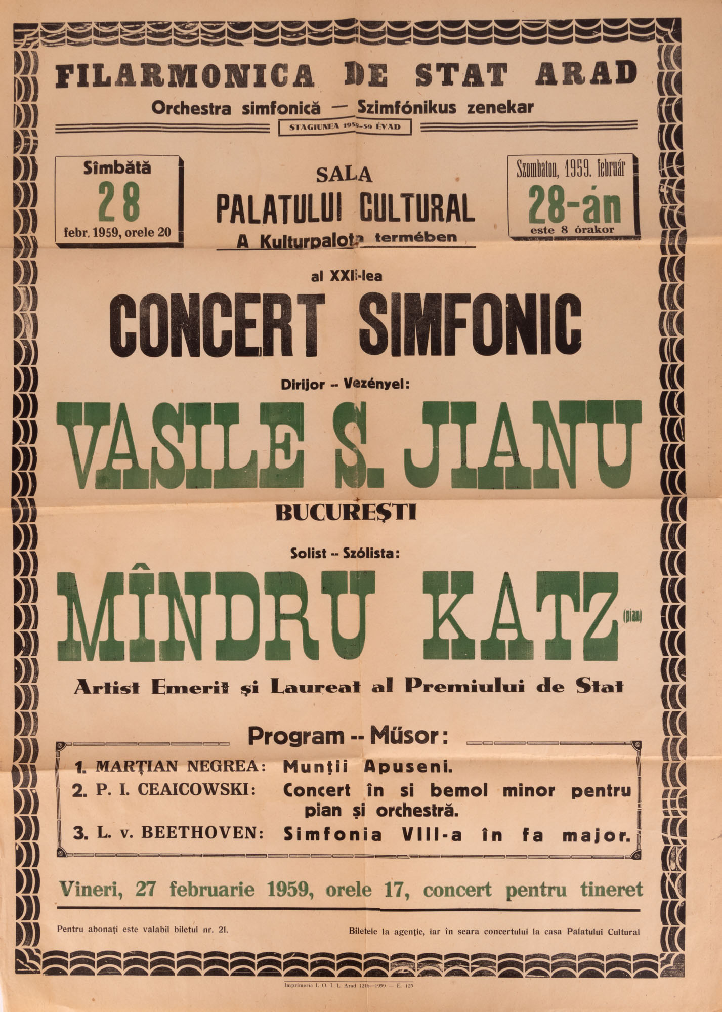 Afiș Concert simfonic cu dirijorul Vasile S. Jianu și solistul Mîndru Katz, organizat de Filarmonica de Stat Arad, 1959