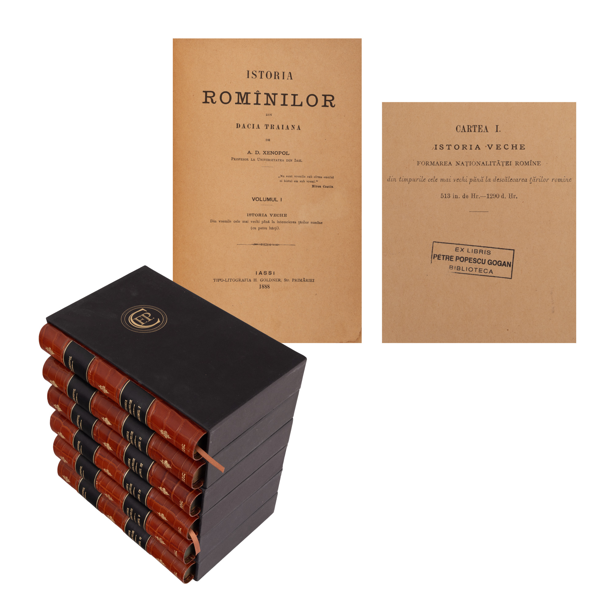 "Istoria românilor", de A.D. Xenopol, 12 volume colegate în șase tomuri, Iași, 1888-1893, ediție bibliofilă