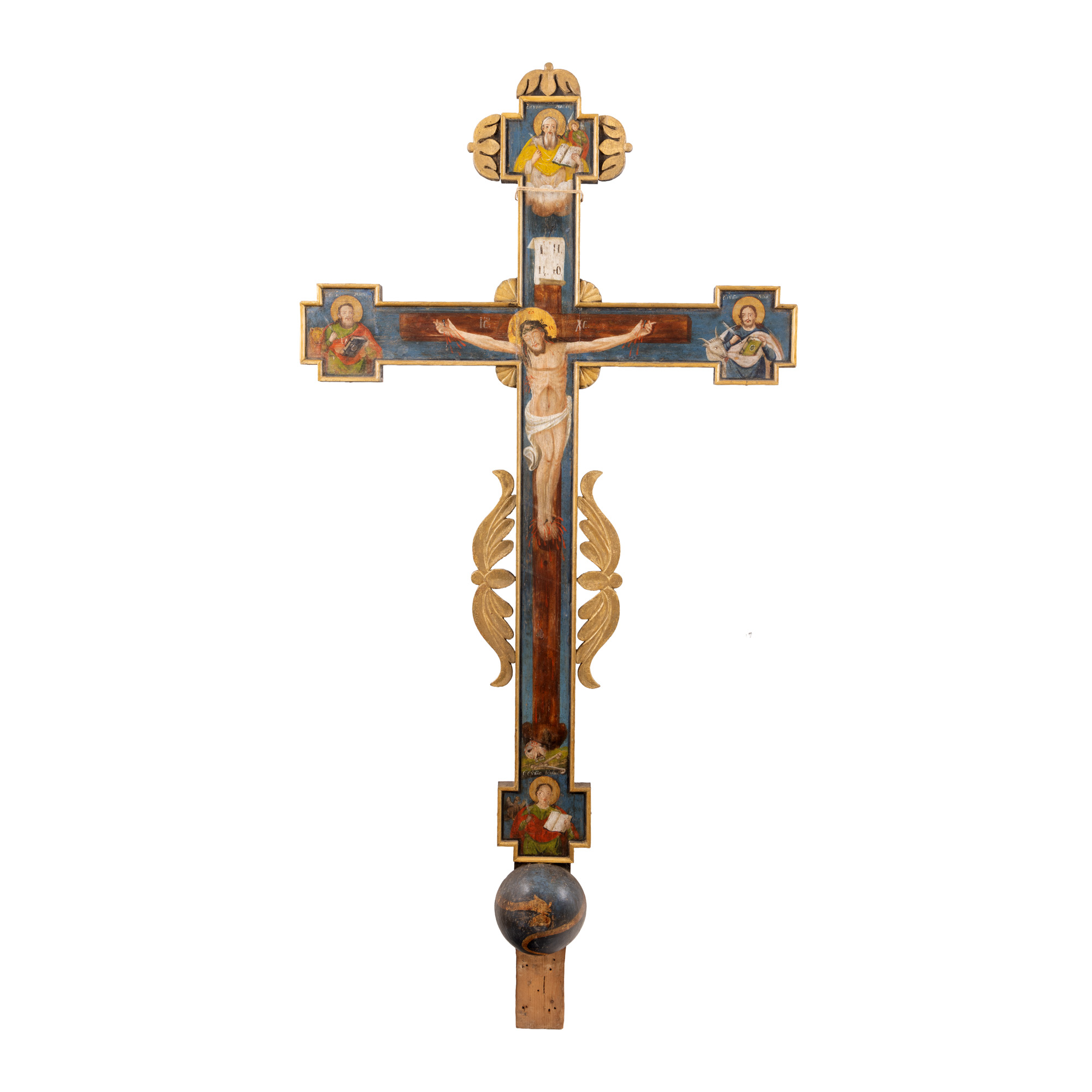 Impresionantă cruce de iconostas, ”Iisus Răstignit și cei patru Evangheliști”, școală transilvăneană, prima jumătate a sec. XIX