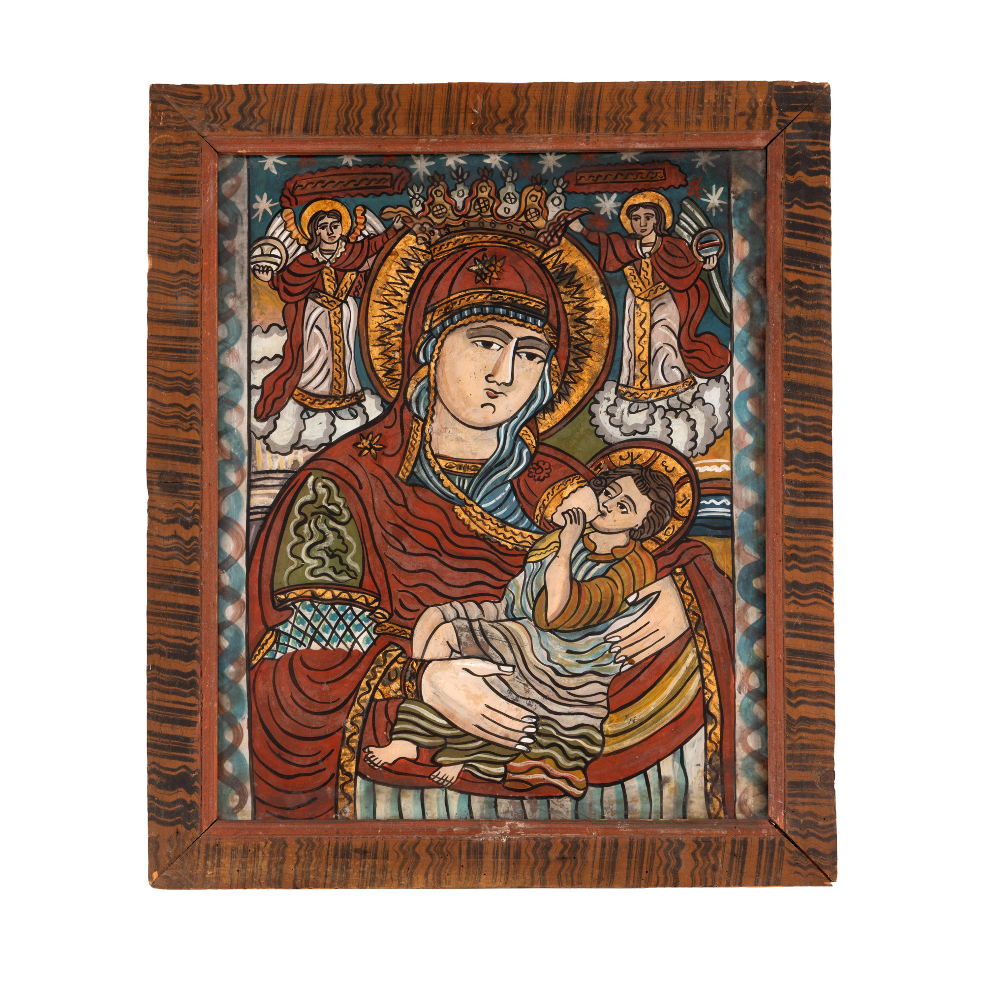 Icoană pe sticlă, "Maica Domnului - Cea care alăptează”, atelier din Șcheii Brașovului, sfârșitul sec. XIX