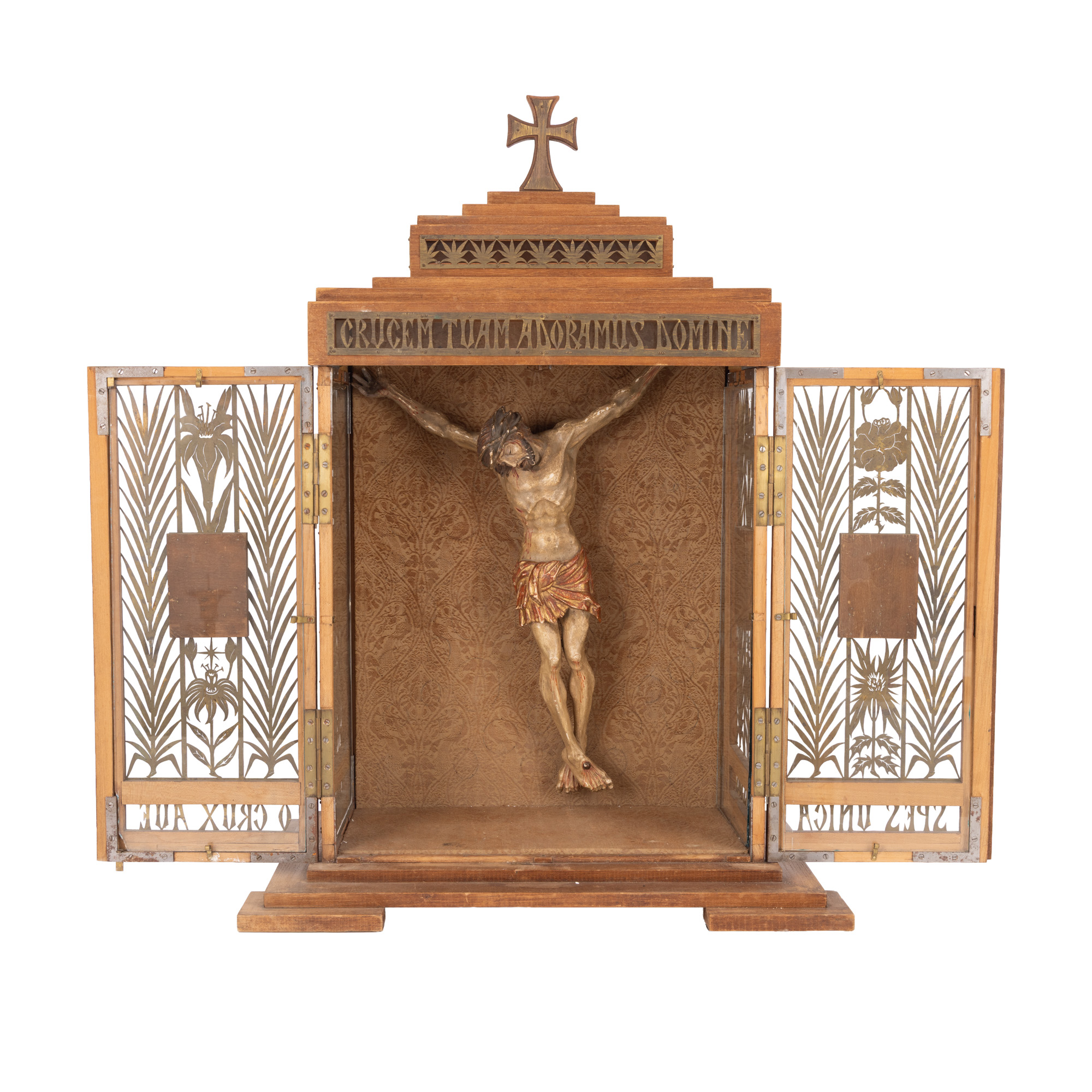 Tabernacol Art Deco, decorat cu statuetă din lemn, ”Corpus Christi”, atelier transilvănean, sec. XVII-XVIII, piesă rară, de colecție