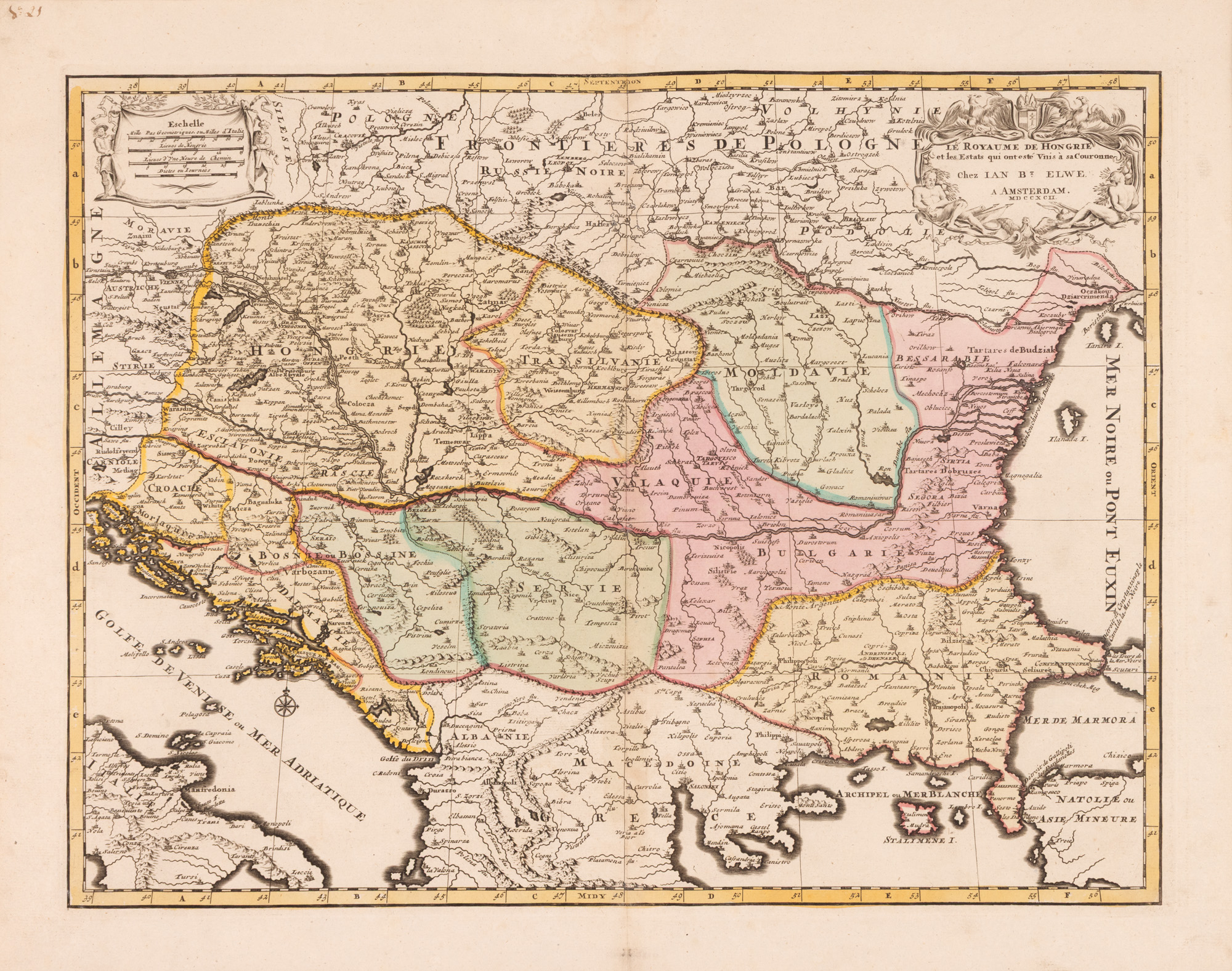 Hartă ”Regatul Ungariei și statele care au fost unite sub coroana sa”, de Jan Barend Elwe, Amsterdam, 1792