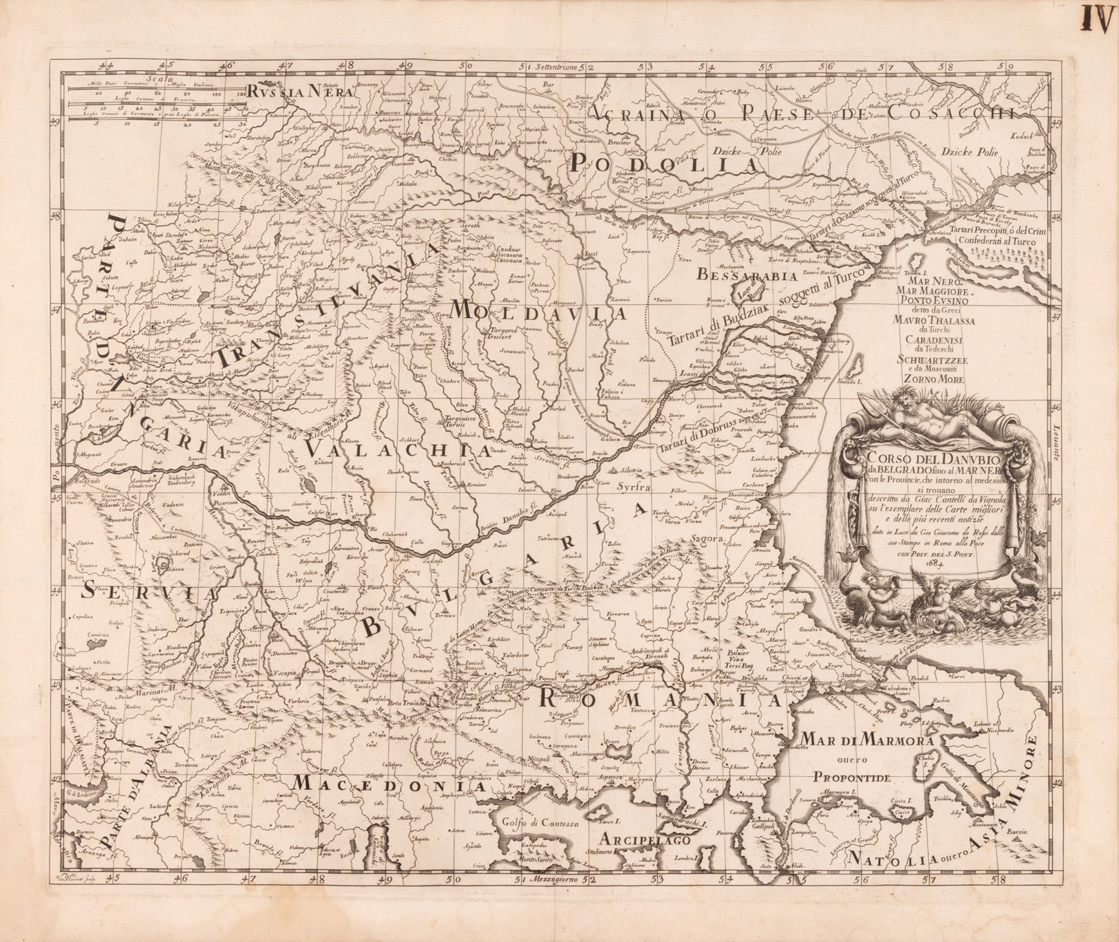 Hartă ”Cursul Dunării de la Belgrad la Marea Neagră”, de Cantelli da Vignola, Roma, 1684