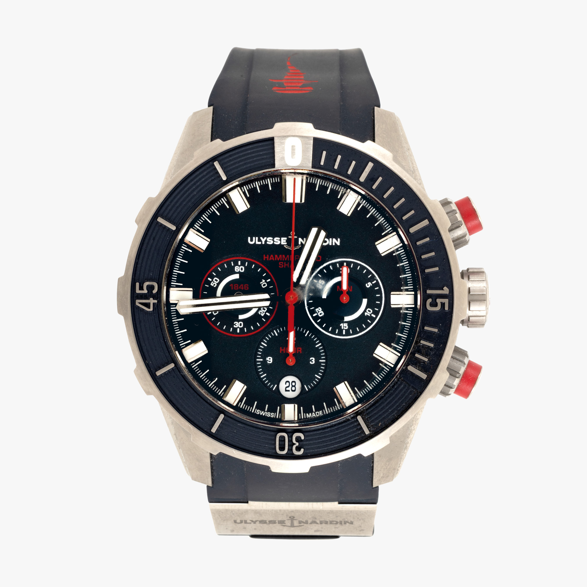 Ceas Ulysse Nardin Diver Chronograph, ediție limitată Hammerhead Shark No.94/300, din titan, de mână, bărbătesc, însoțit de cutia originală, certificat de atestare a seriei, card de garanție și carte de service