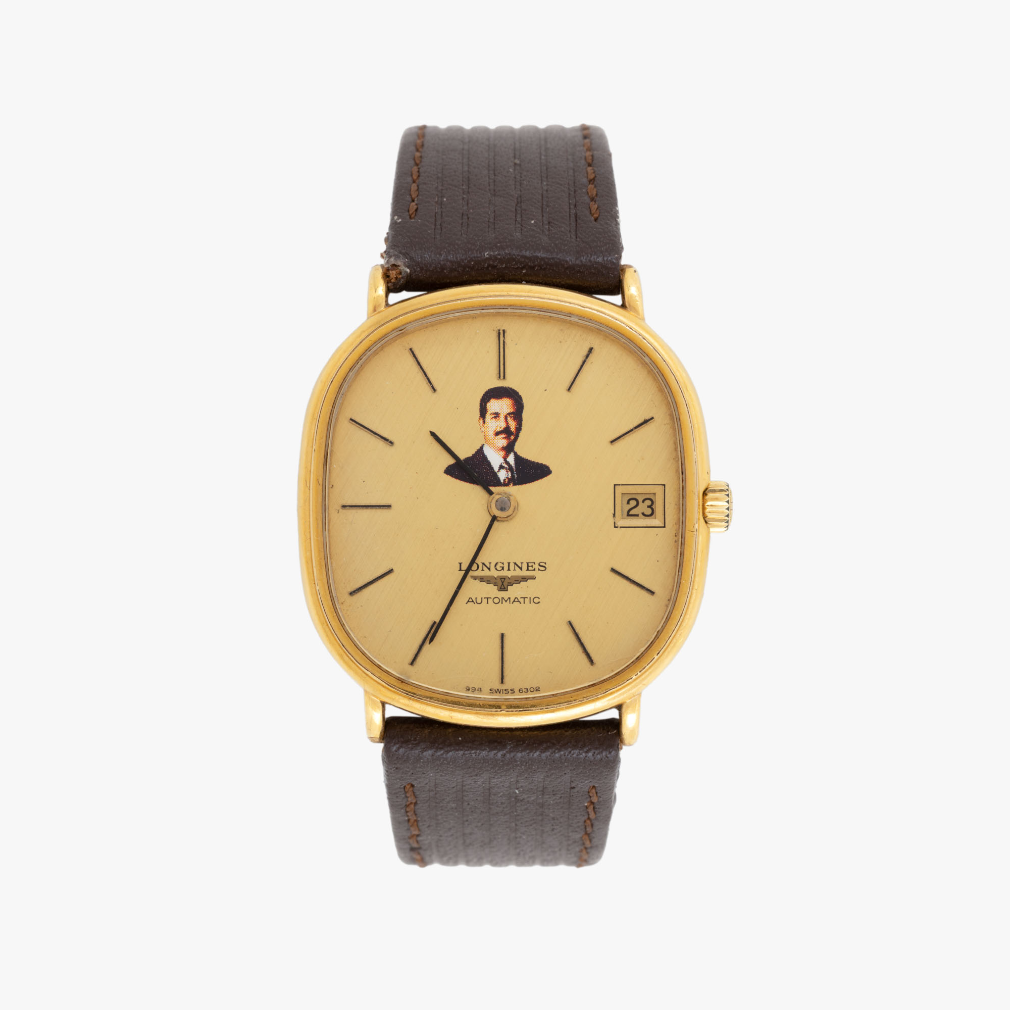 Ceas Longines Elipse, din oțel placat cu aur, cu portretul lui Sadam Hussein, de mână, bărbătesc, însoțit de catarama originală
