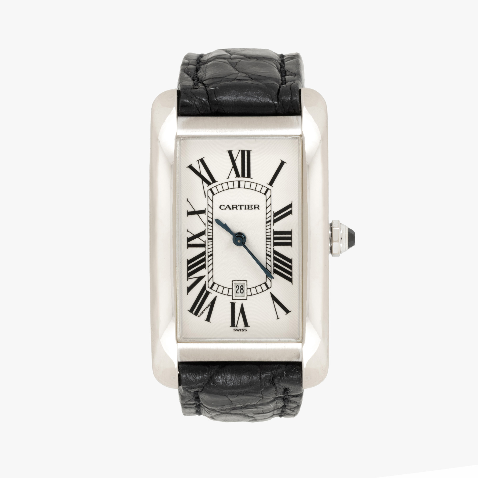 Ceas Cartier Tank Americaine, din aur alb, de mână, bărbătesc, însoțit de cutia originală, certificat de autenticitate și broșură
