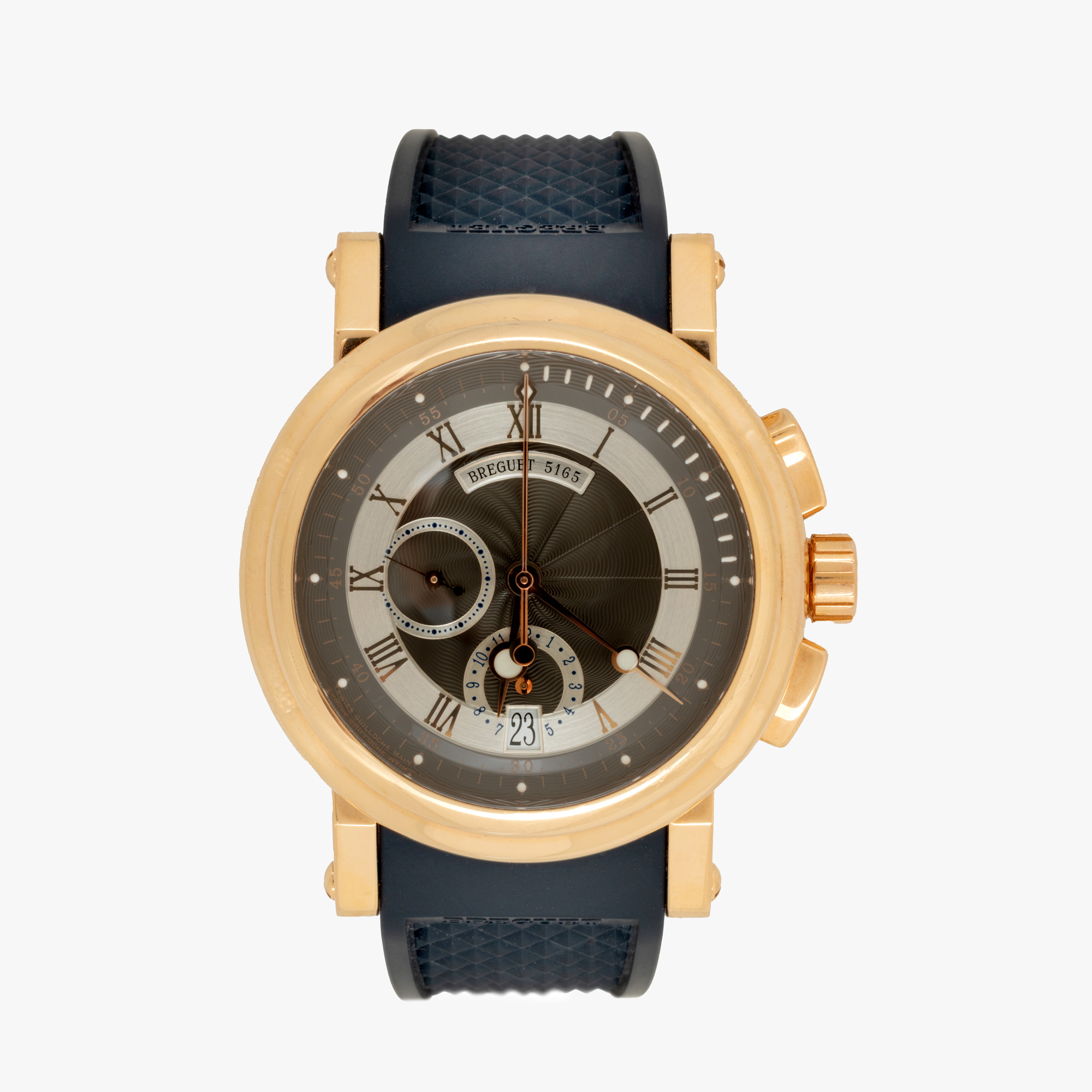 Ceas Breguet Marine Chronograph, din aur, de mână, bărbătesc, însoțit de cutia originală, curea suplimentară originală, certificat de autenticitate și broșură