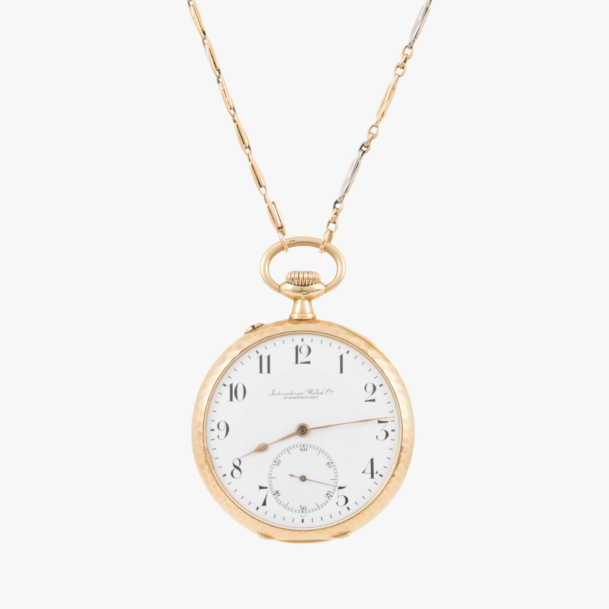 Ceas IWC din aur, de buzunar, însoțit de lanț din aur și platină