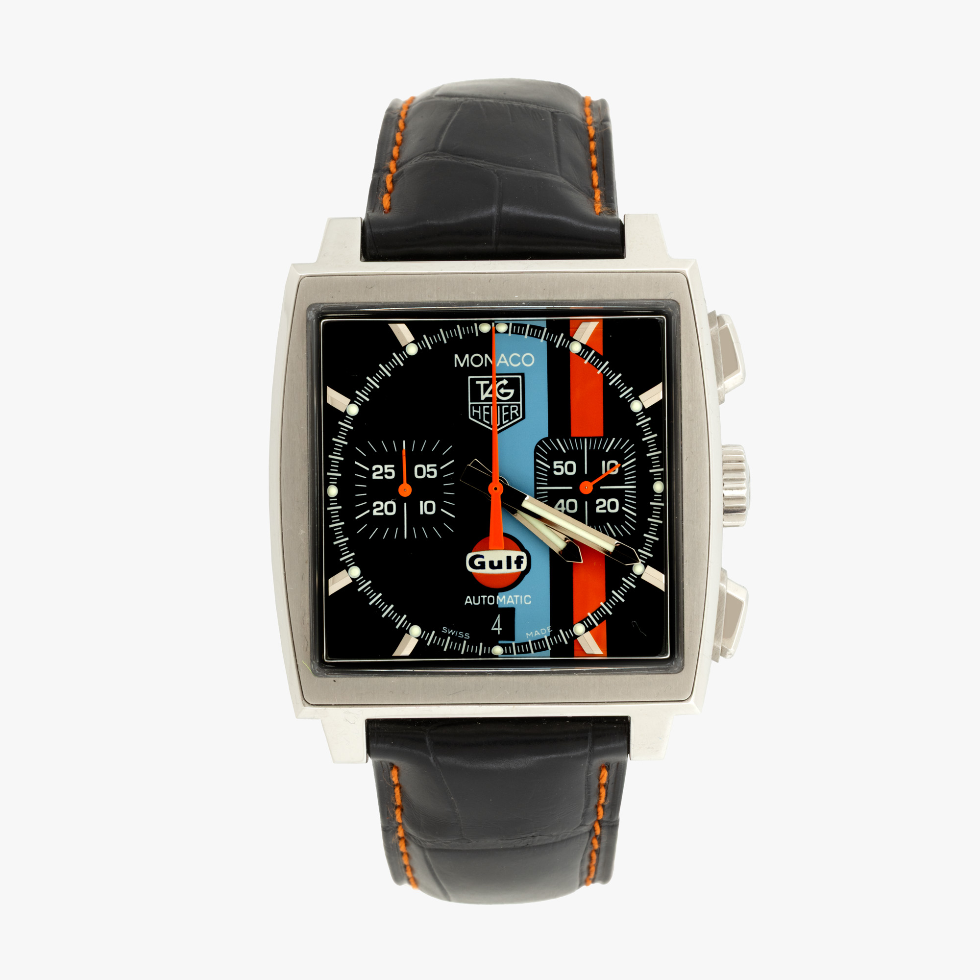 Ceas Tag Heuer Monaco Chronograph, ediție specială Gulf No. 179, de mână, bărbătesc, însoțit de cutia originală, card de garanție și manual de instrucțiuni