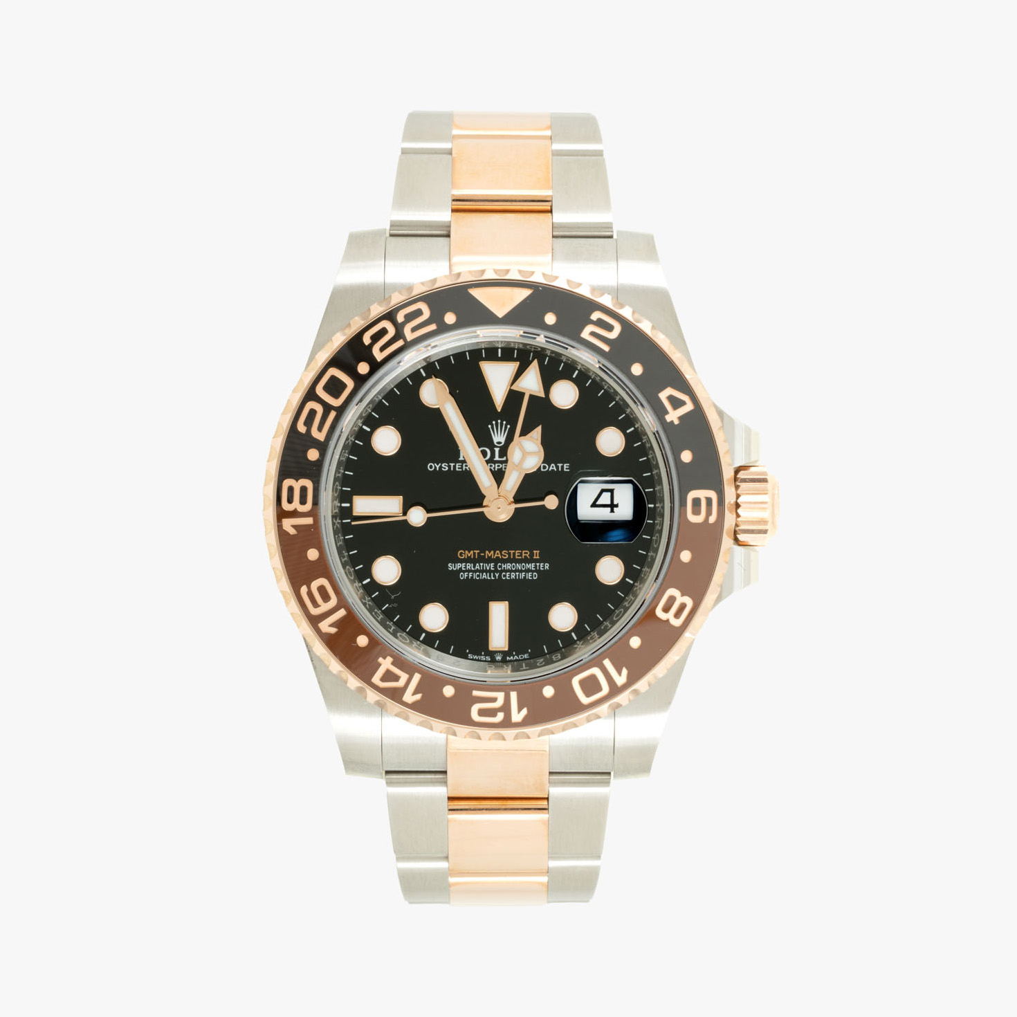 Ceas Rolex GMT Master II "Rootbeer", nepurtat, din aur roz și oțel, de mână, bărbătesc, însoțit de cutia originală, card de garanție și broșură