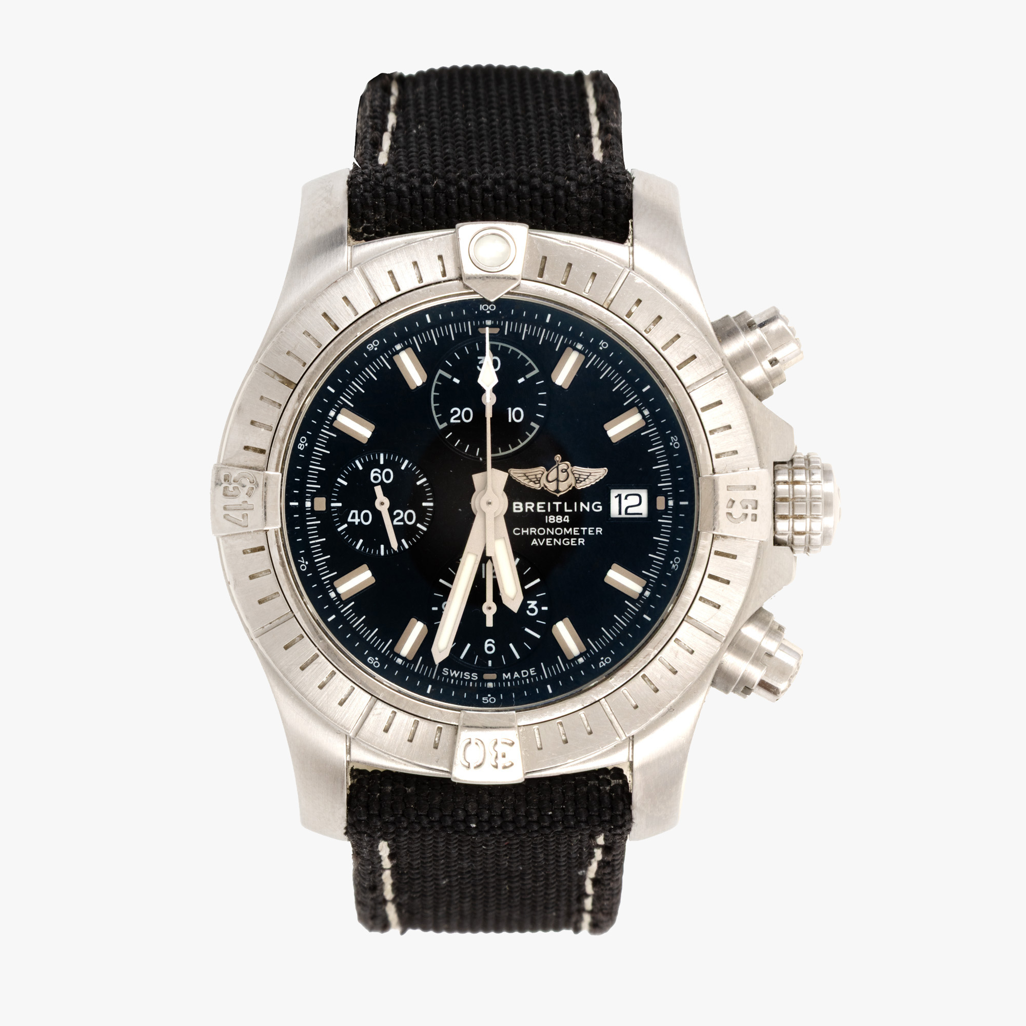 Ceas Breitling Avenger Chronograph 43, de mână, bărbătesc, însoțit de cutia originală, brățară suplimentară, card de garanție, certificat pentru chronometru
