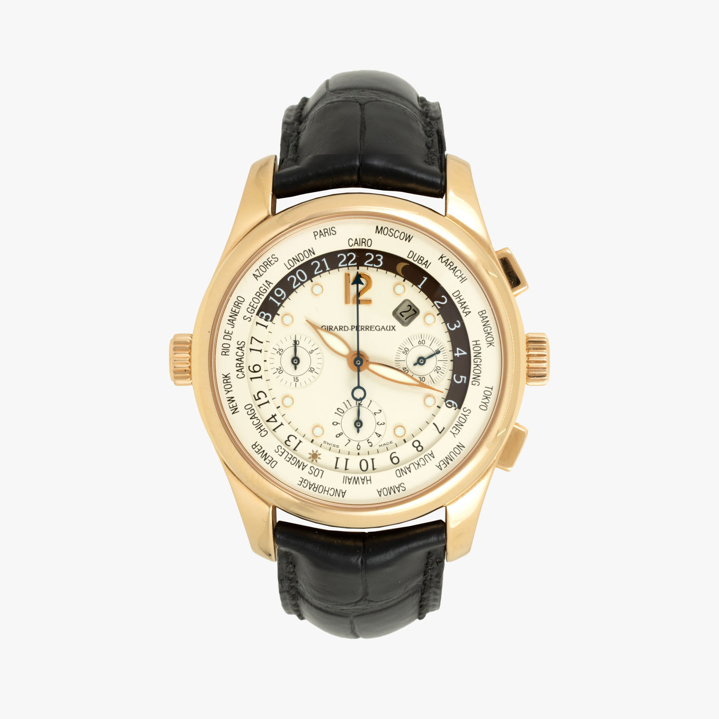 Ceas Girard Perregaux Chronograph World Time GMT, din aur roz, de mână, bărbătesc, însoțit de cutia originală, card de garanție, broșură