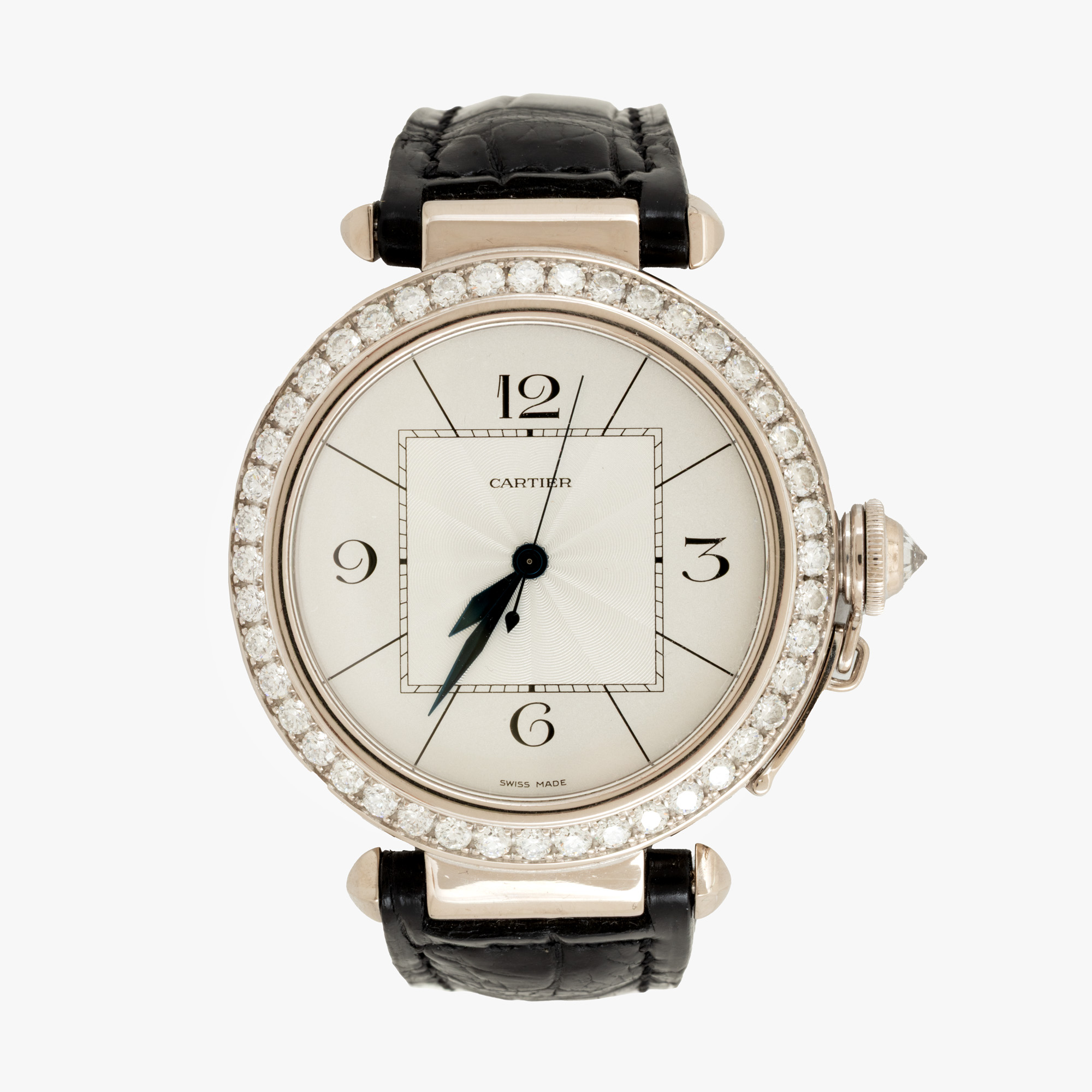Ceas Cartier Pasha, de mână, bărbătesc, decorat cu diamante, însoțit de cutia originală și certificat gemologic suplimentar
