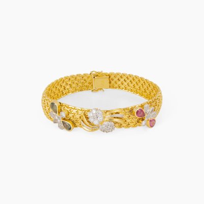Gold bracelet, decorated with butterflies and flowers, with multicolored diamonds and sapphires, cca. 1960