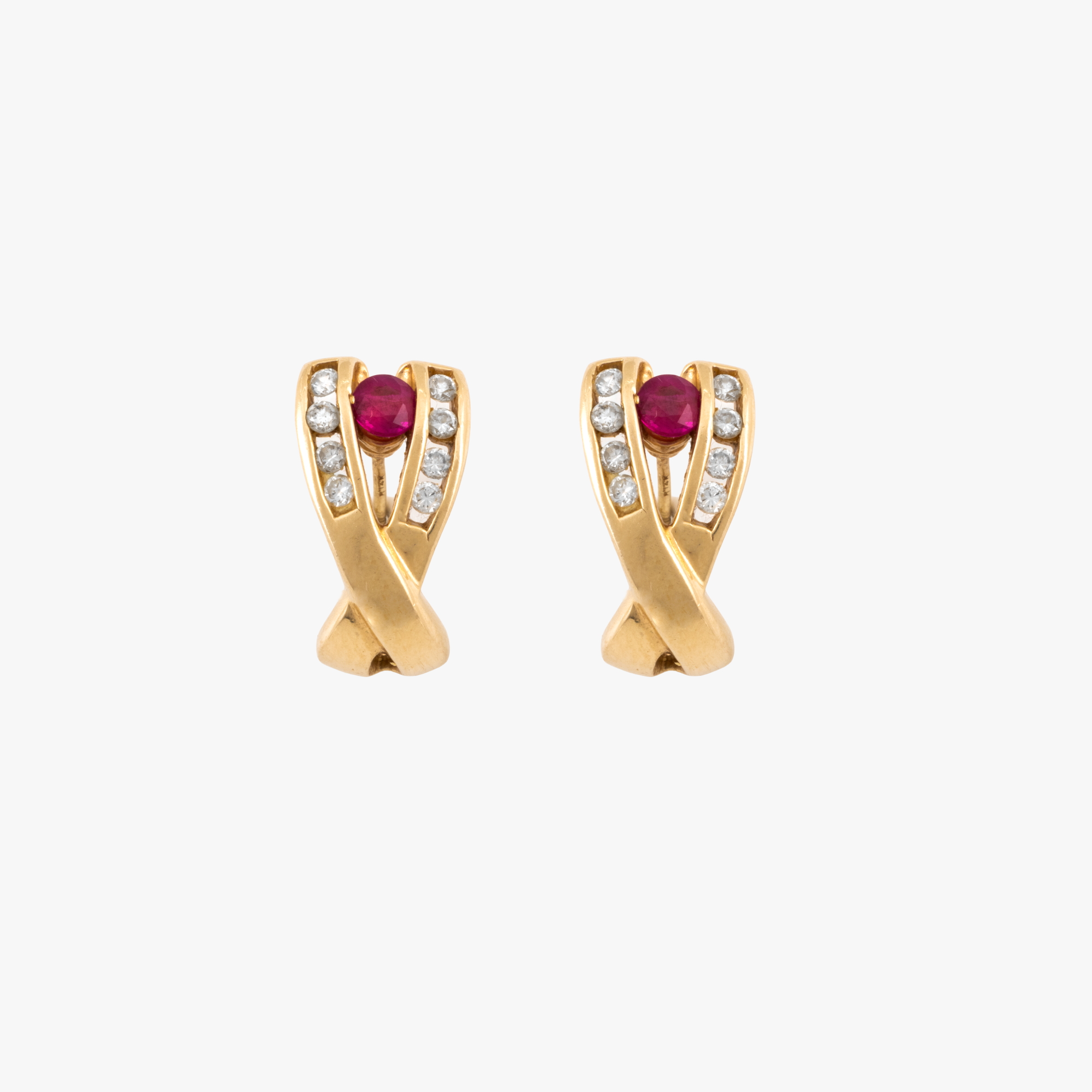 Pair of gold earrings, decorated with rubies and diamonds