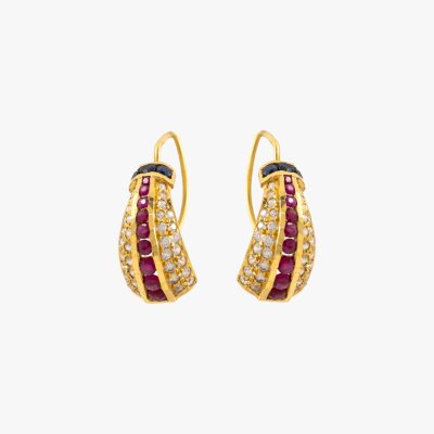 Pair of gold earrings, decorated with rubies and sapphires