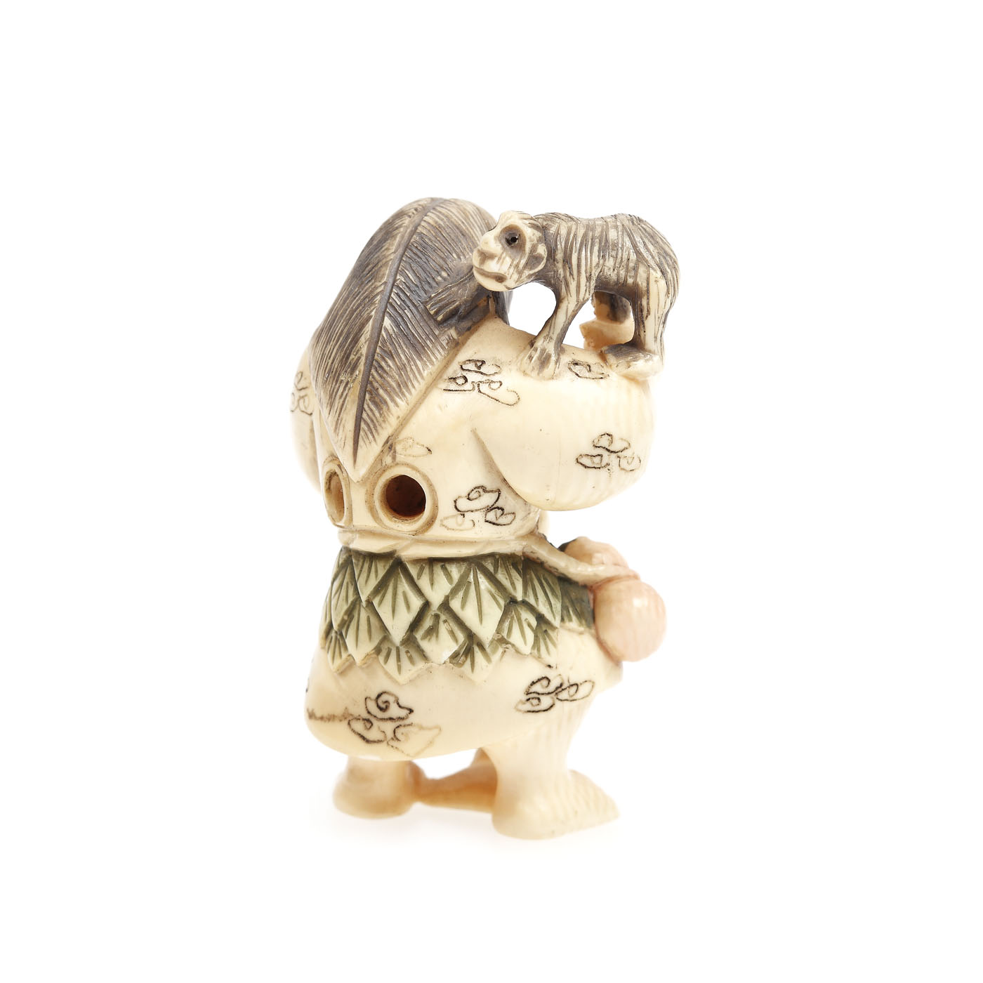 Netsuke din fildeş, o femeie cu maimuța ei, perioadă Meiji 