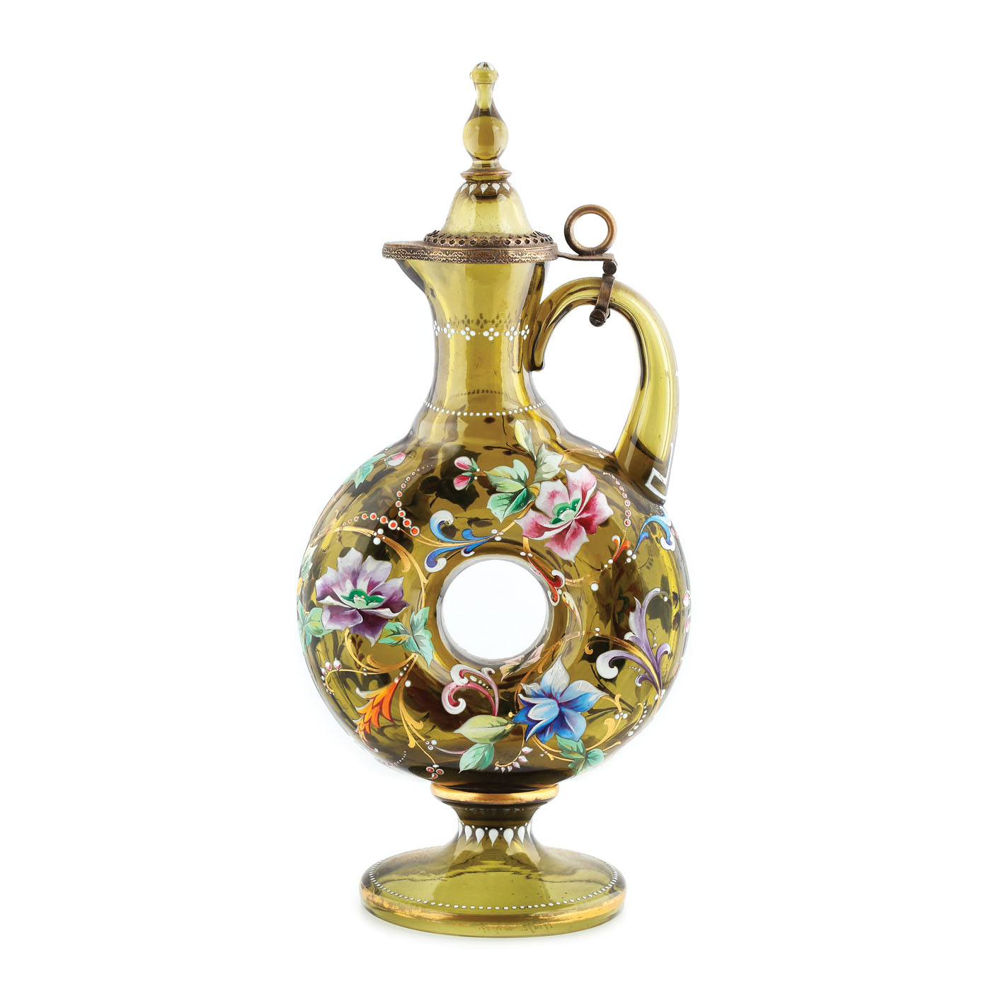 Carafă din sticlă de Bohemia, pictată cu model floral