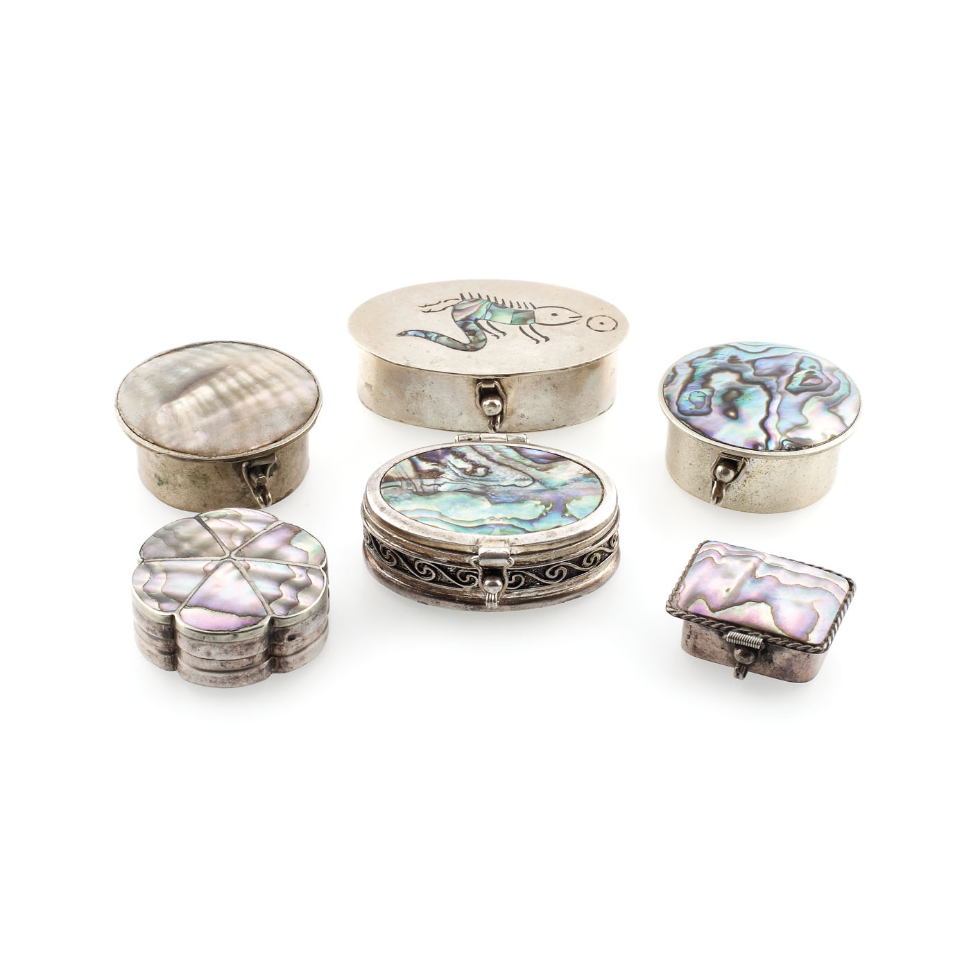 Colecţie de 6 cutii miniaturale din argint, având capacele ornate cu abalone