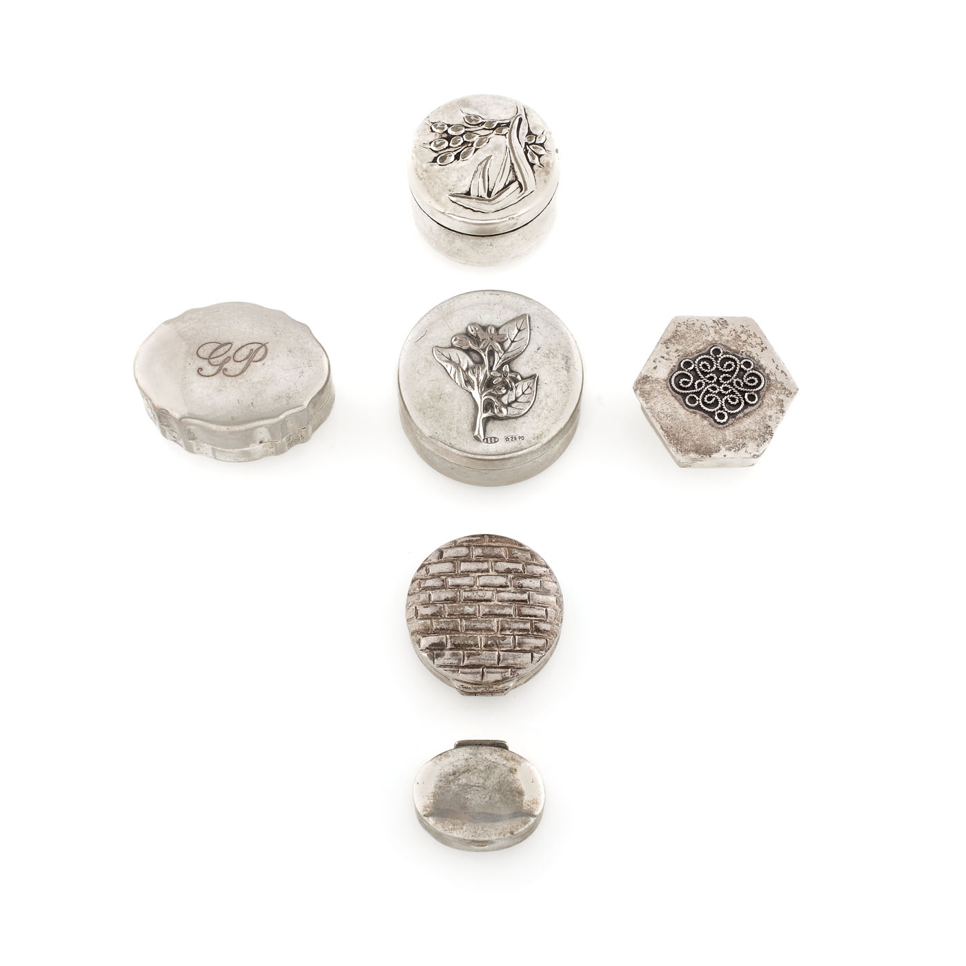 Lot format din 6 cutii miniaturale din argint, modele diverse
